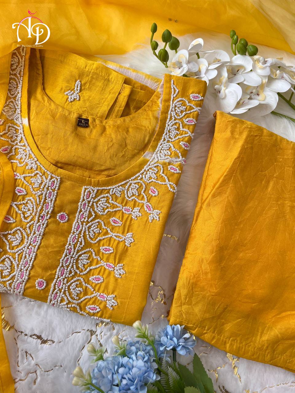 Moti Neck work Chanderi Silk Kurti Pant Dupatta Set - Premium from Ethenika.com - Just INR 1970! Shop now at Ethenika.com