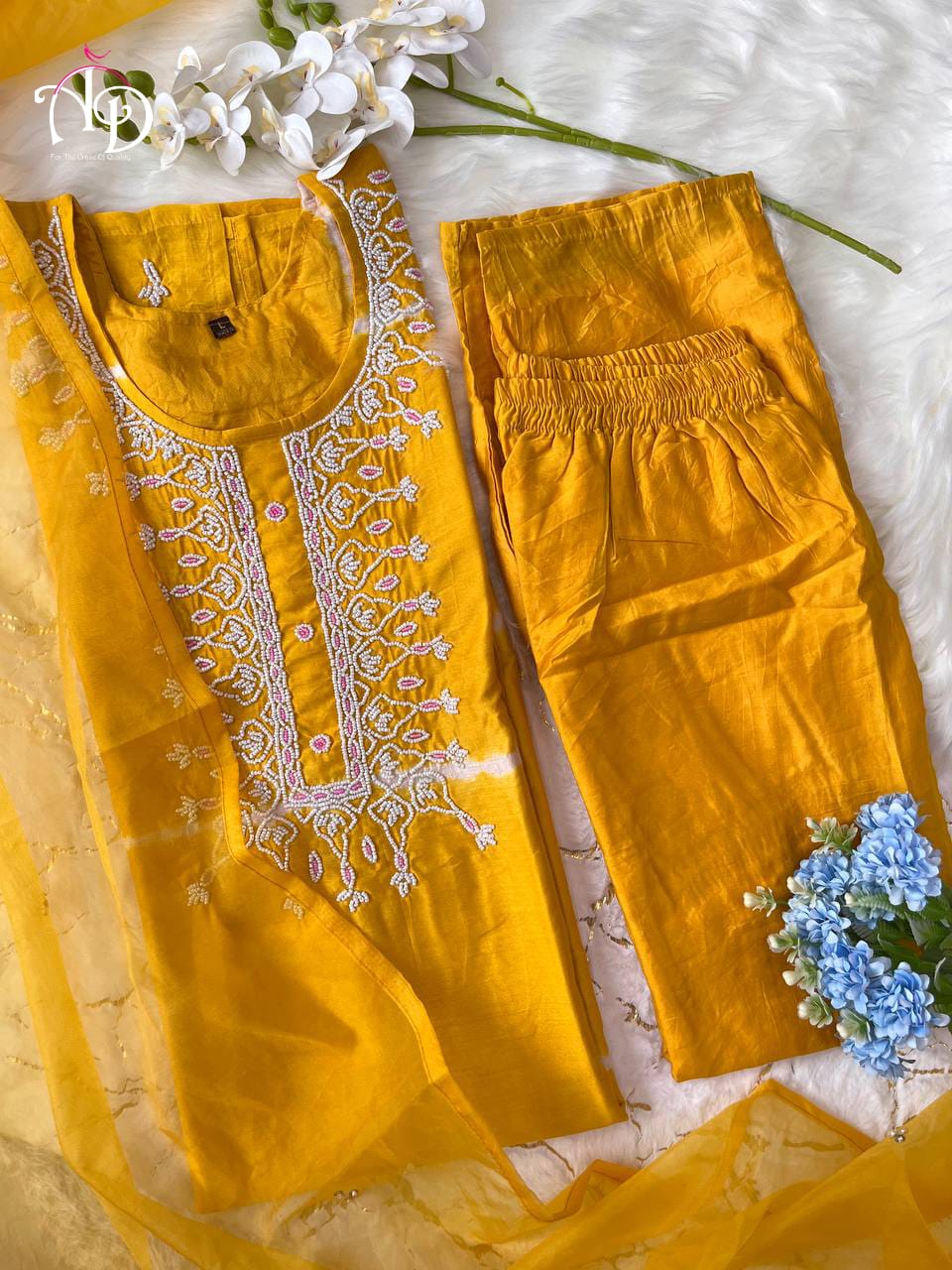 Moti Neck work Chanderi Silk Kurti Pant Dupatta Set - Premium from Ethenika.com - Just INR 1970! Shop now at Ethenika.com