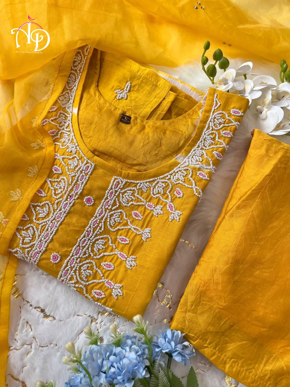 Moti Neck work Chanderi Silk Kurti Pant Dupatta Set - Premium from Ethenika.com - Just INR 1970! Shop now at Ethenika.com