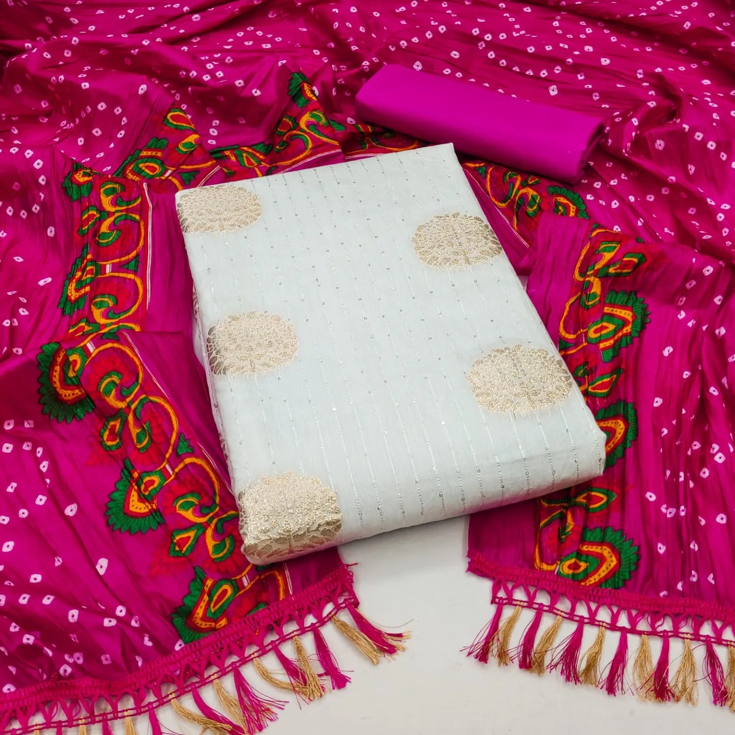 Jeckard Butta Croset work Bandhani Print Dupatta Dress Material (Unstitched) - Premium from Ethenika.com - Just INR 1290! Shop now at Ethenika.com