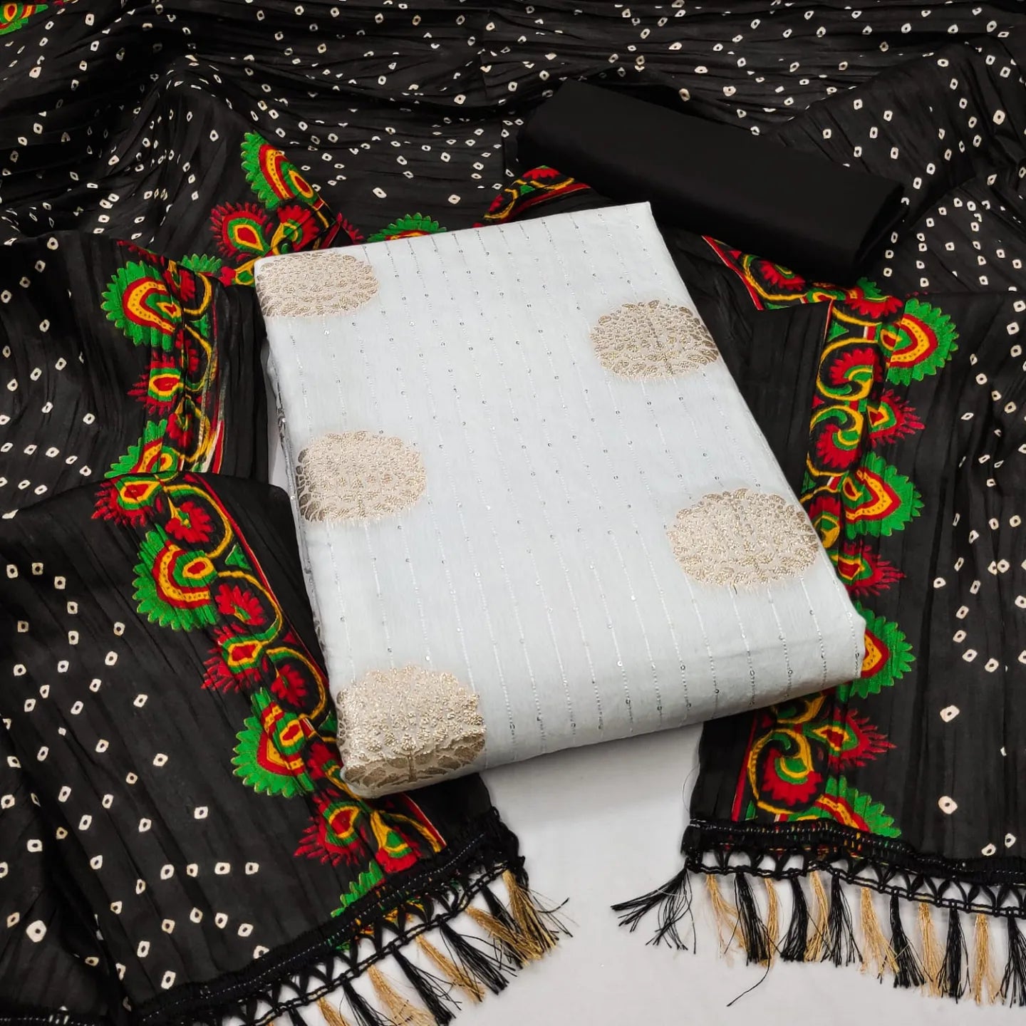 Jeckard Butta Croset work Bandhani Print Dupatta Dress Material (Unstitched) - Premium from Ethenika.com - Just INR 1290! Shop now at Ethenika.com