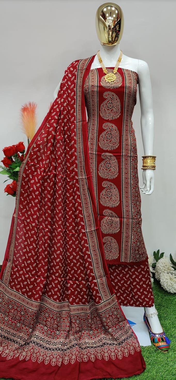 Original silk Hand Crafted Ajrakh Dress Material - Premium  from Ethenika.com - Just INR 3990! Shop now at Ethenika.com