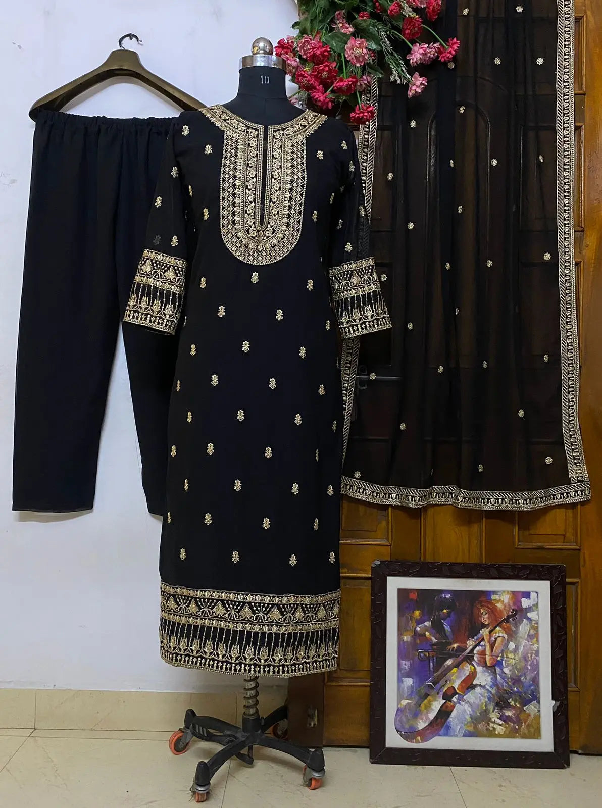 Georgette Neck Embroidery work Kurti Palazzo Dupatta Set - Premium from Ethenika.com - Just INR 2490! Shop now at Ethenika.com