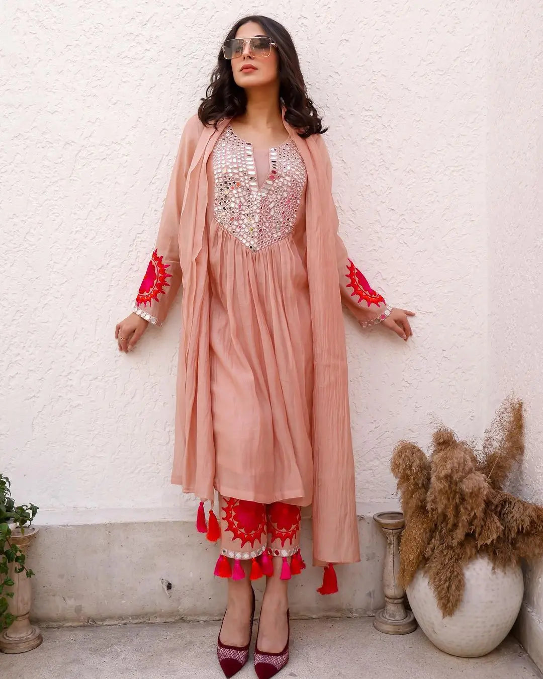 Faux Georgette Mirror Thread Latkan work Kurti Pant Dupatta Set - Premium from Ethenika.com - Just INR 2490! Shop now at Ethenika.com