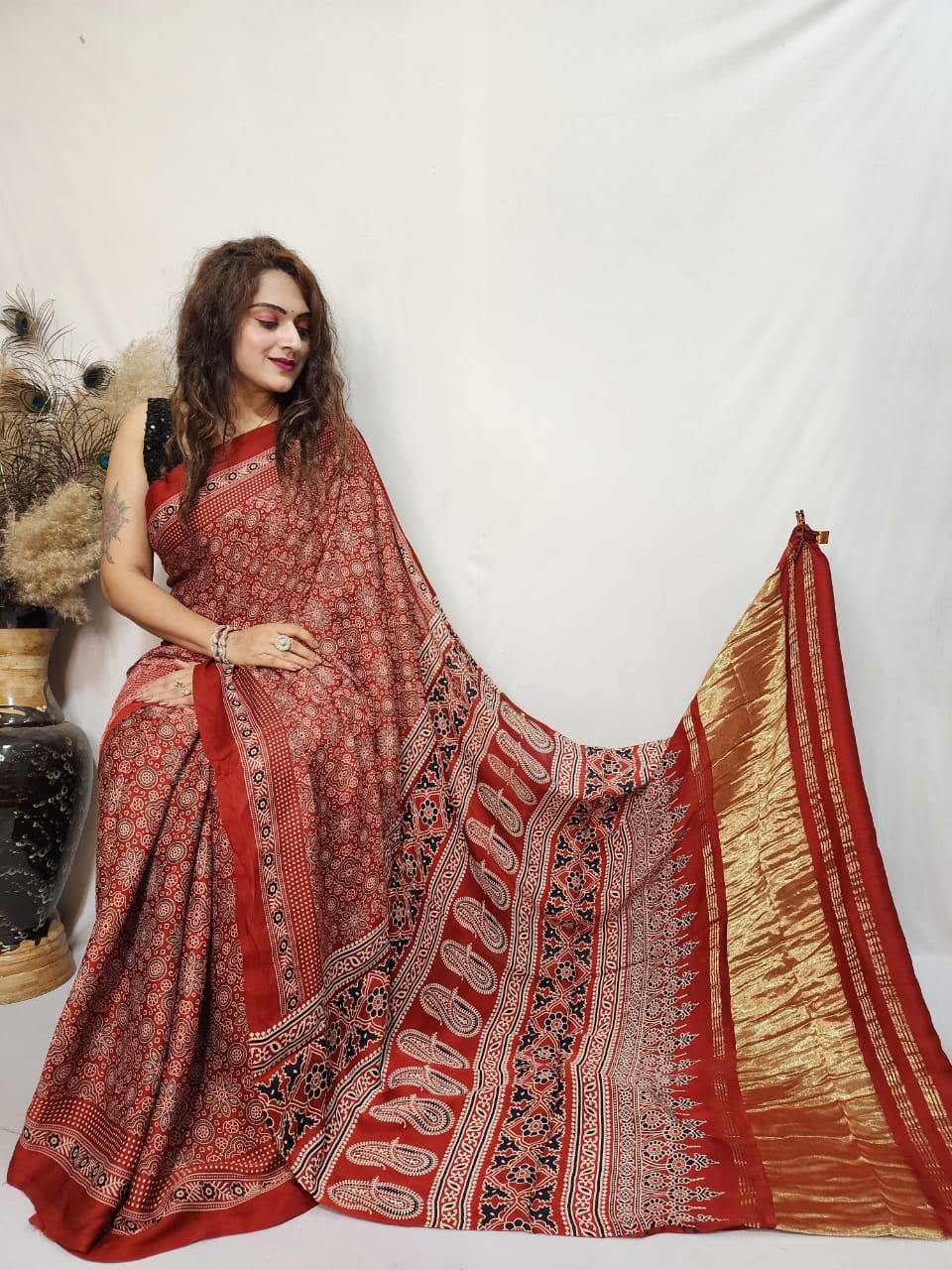 Modal Silk Ajrakh work Saree - Premium from Ethenika.com - Just INR 4290! Shop now at Ethenika.com