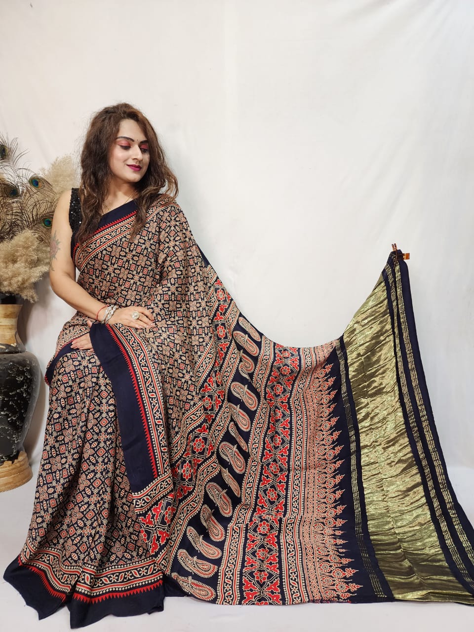 Modal Silk Ajrakh work Saree - Premium from Ethenika.com - Just INR 4290! Shop now at Ethenika.com