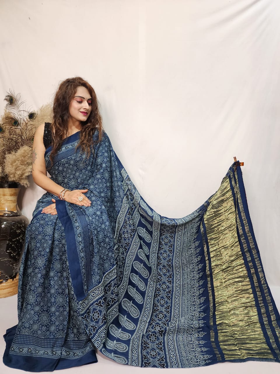 Modal Silk Ajrakh work Saree - Premium from Ethenika.com - Just INR 4290! Shop now at Ethenika.com