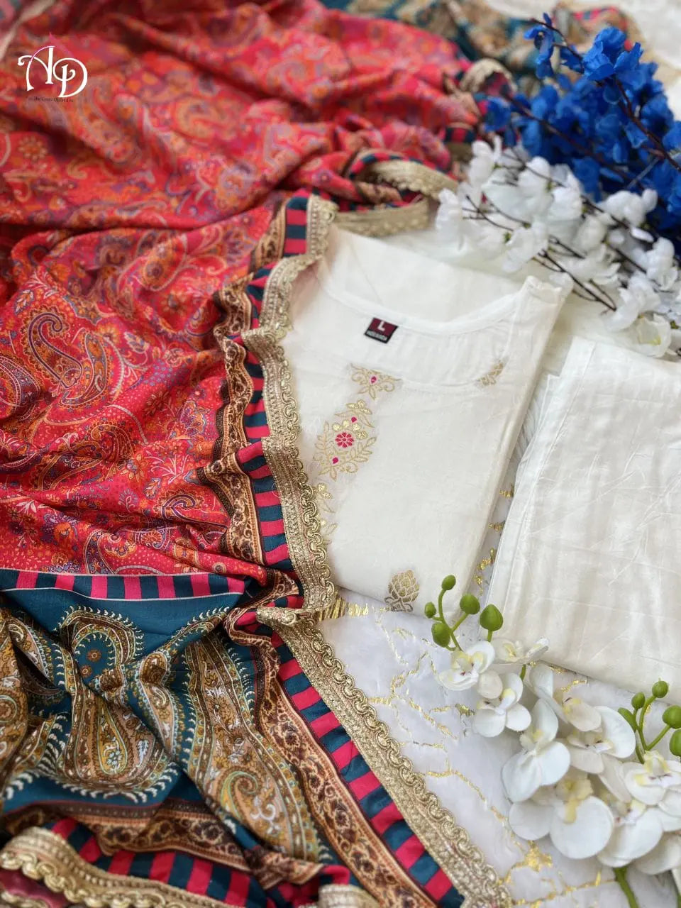 Jeckard Silk Embroidery Zari work Kurti Pant dupatta Set - Premium from Ethenika.com - Just INR 2590! Shop now at Ethenika.com