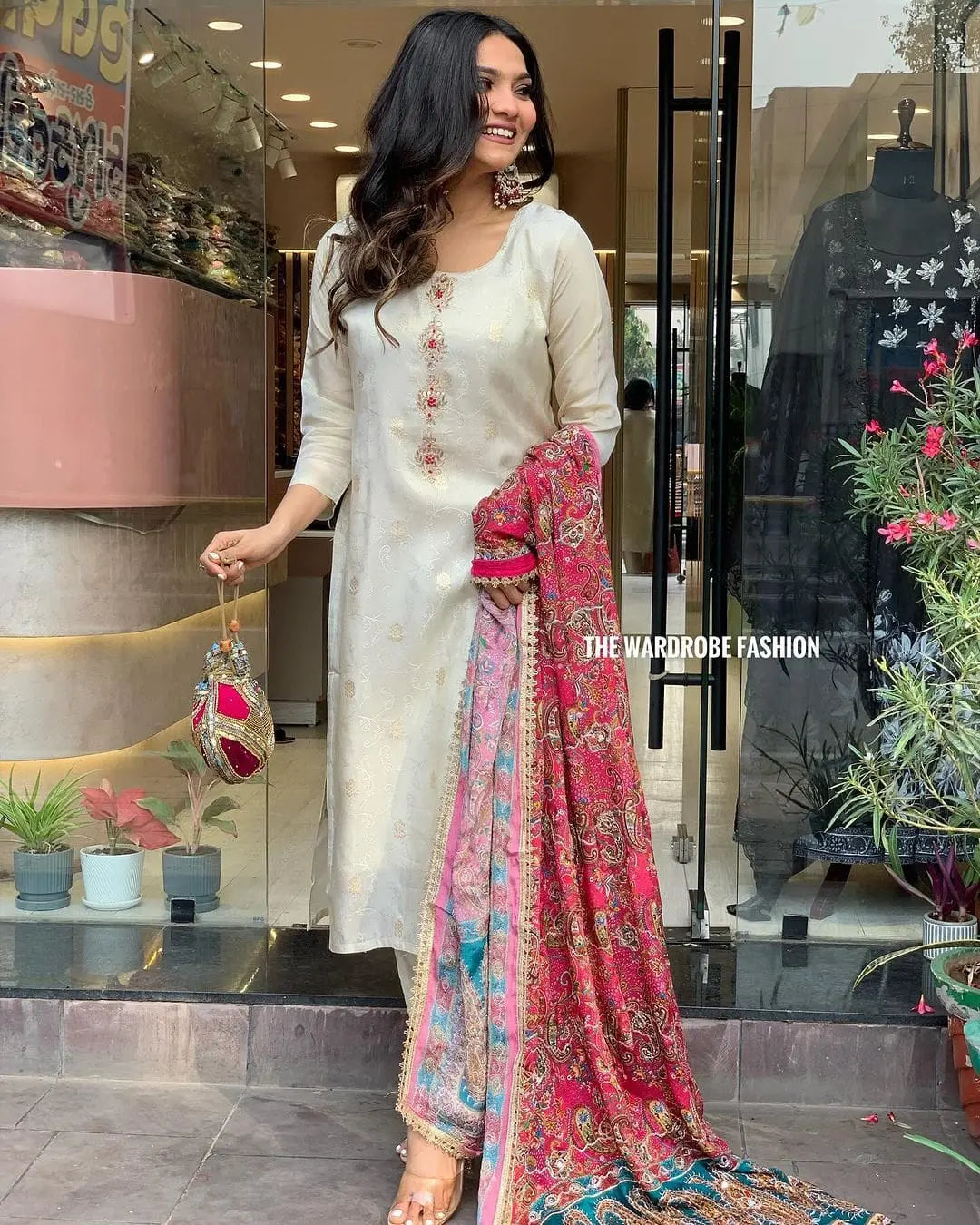 Jeckard Silk Embroidery Zari work Kurti Pant dupatta Set - Premium from Ethenika.com - Just INR 2590! Shop now at Ethenika.com