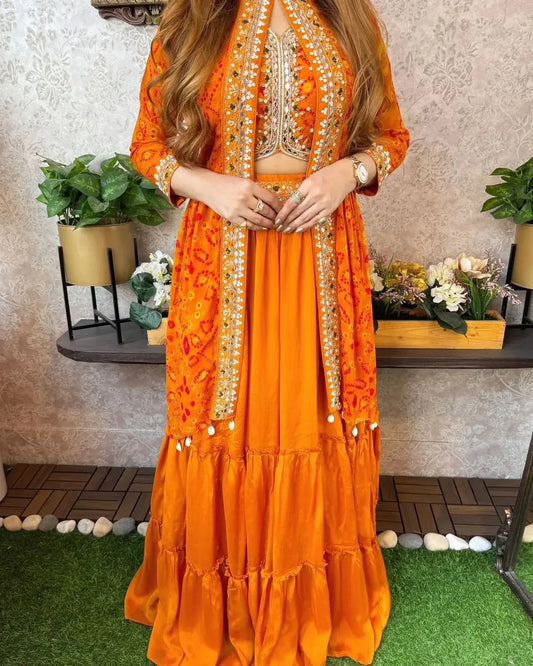 Sequence Embroidery work Bandhani Print Lehenga Shrug Set - Premium  from Ethenika.com - Just INR 2690! Shop now at Ethenika.com