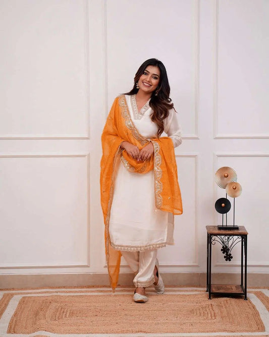 Cotton Silk V neck embroidery work Kurti Pant Dupatta Set - Premium  from Ethenika.com - Just INR 2190! Shop now at Ethenika.com