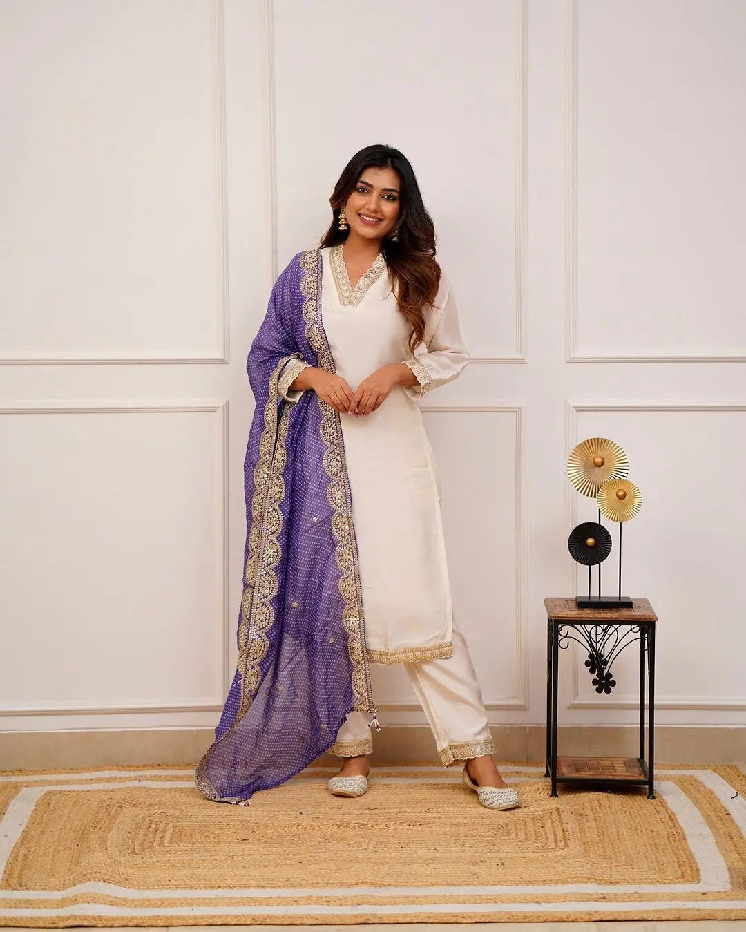 Cotton Silk V neck embroidery work Kurti Pant Dupatta Set - Premium  from Ethenika.com - Just INR 2190! Shop now at Ethenika.com