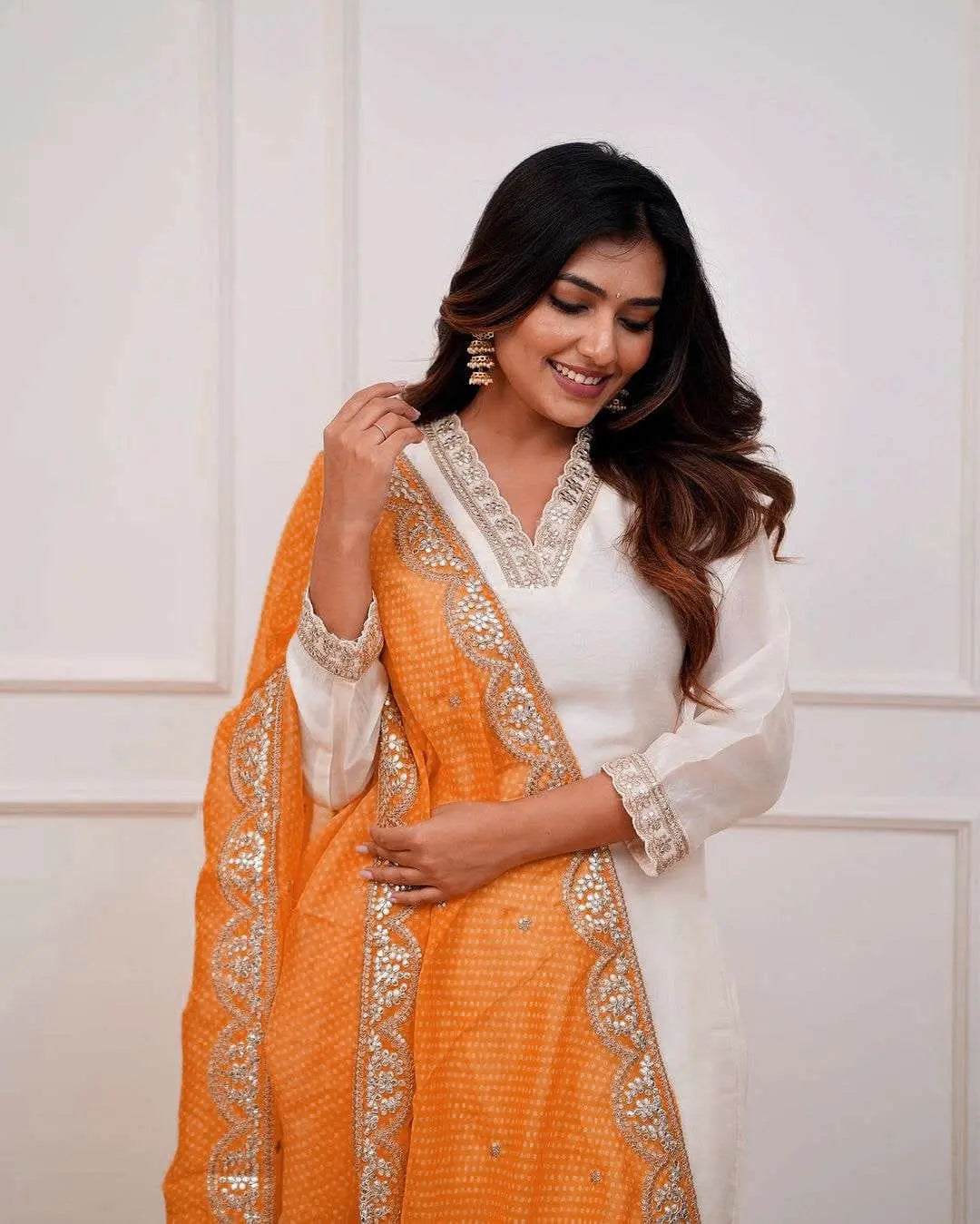 Cotton Silk V neck embroidery work Kurti Pant Dupatta Set - Premium  from Ethenika.com - Just INR 2190! Shop now at Ethenika.com