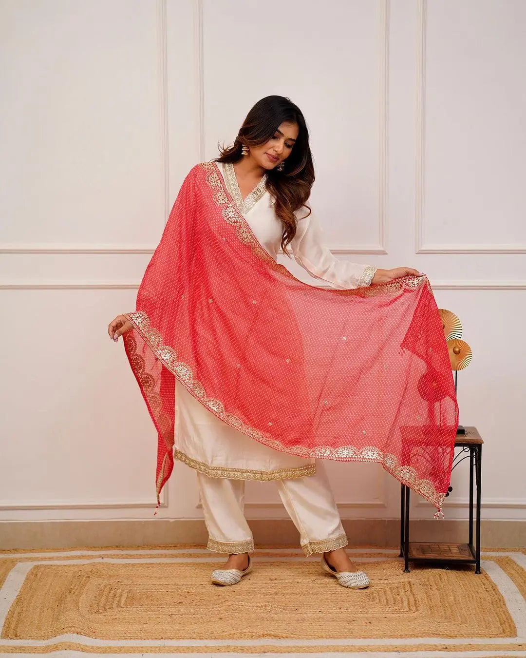 Cotton Silk V neck embroidery work Kurti Pant Dupatta Set - Premium from Ethenika.com - Just INR 2190! Shop now at Ethenika.com