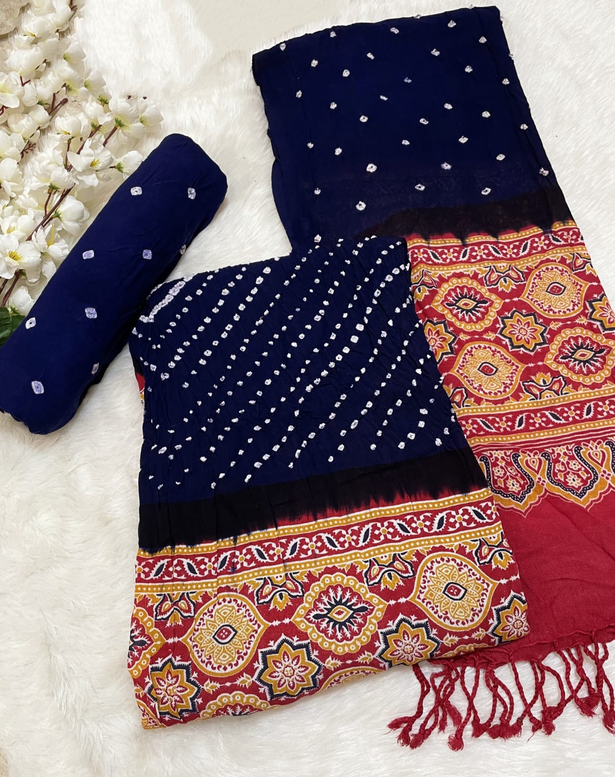 Authentic Ajrakh Print with Bandhej Work Bandhani Material (Unstitched) - Premium from Ethenika.com - Just INR 1890! Shop now at Ethenika.com