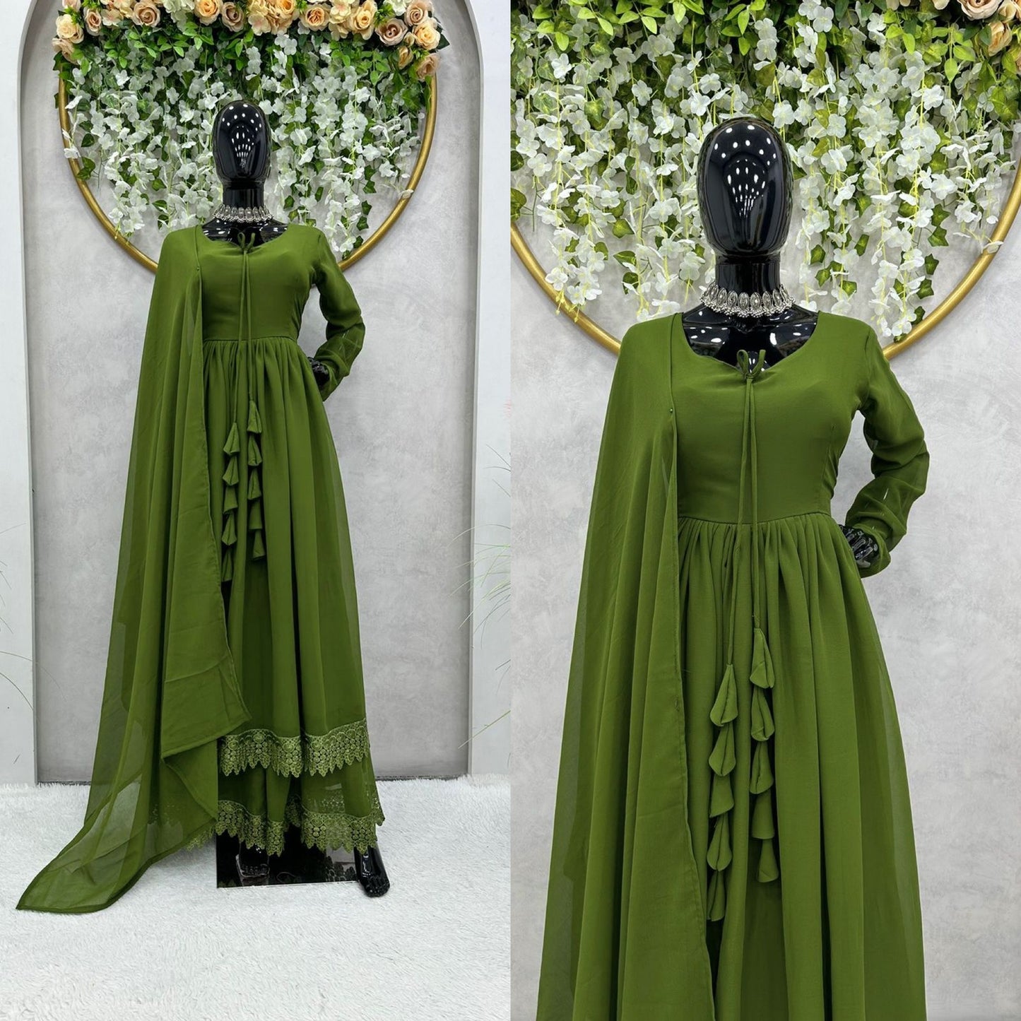 Faux Georgette Lace work With Tussels Gown (Stitched) - Premium from Ethenika.com - Just INR 2490! Shop now at Ethenika.com