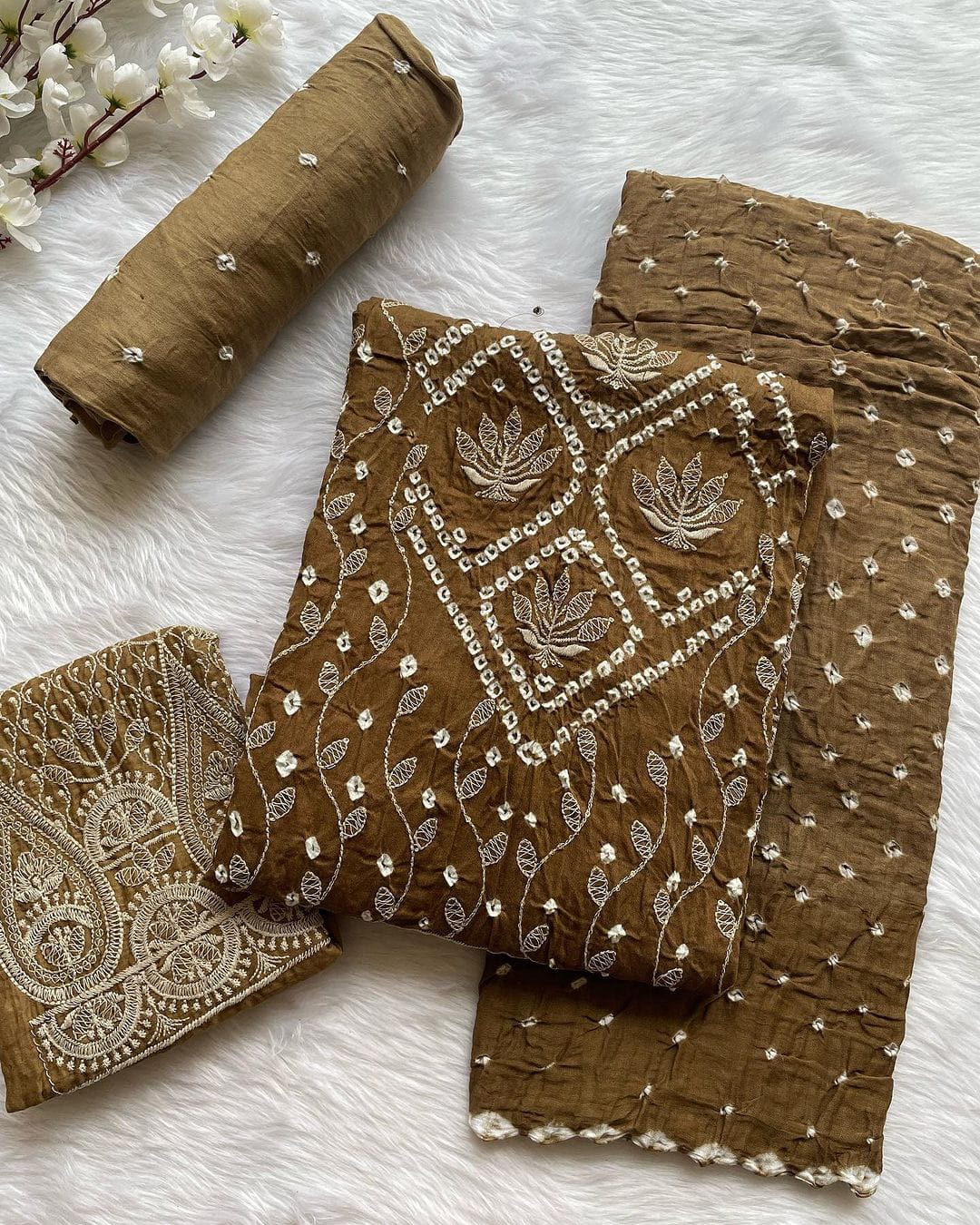 Cotton Satin Self Color Hand Thread Embroidery Work Bandhani Material with Sleeves (Unstitched) - Premium  from Ethenika.com - Just INR 1990! Shop now at Ethenika.com