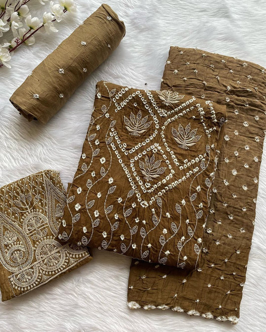 Cotton Satin Self Color Hand Thread Embroidery Work Bandhani Material with Sleeves (Unstitched) - Premium  from Ethenika.com - Just INR 1990! Shop now at Ethenika.com