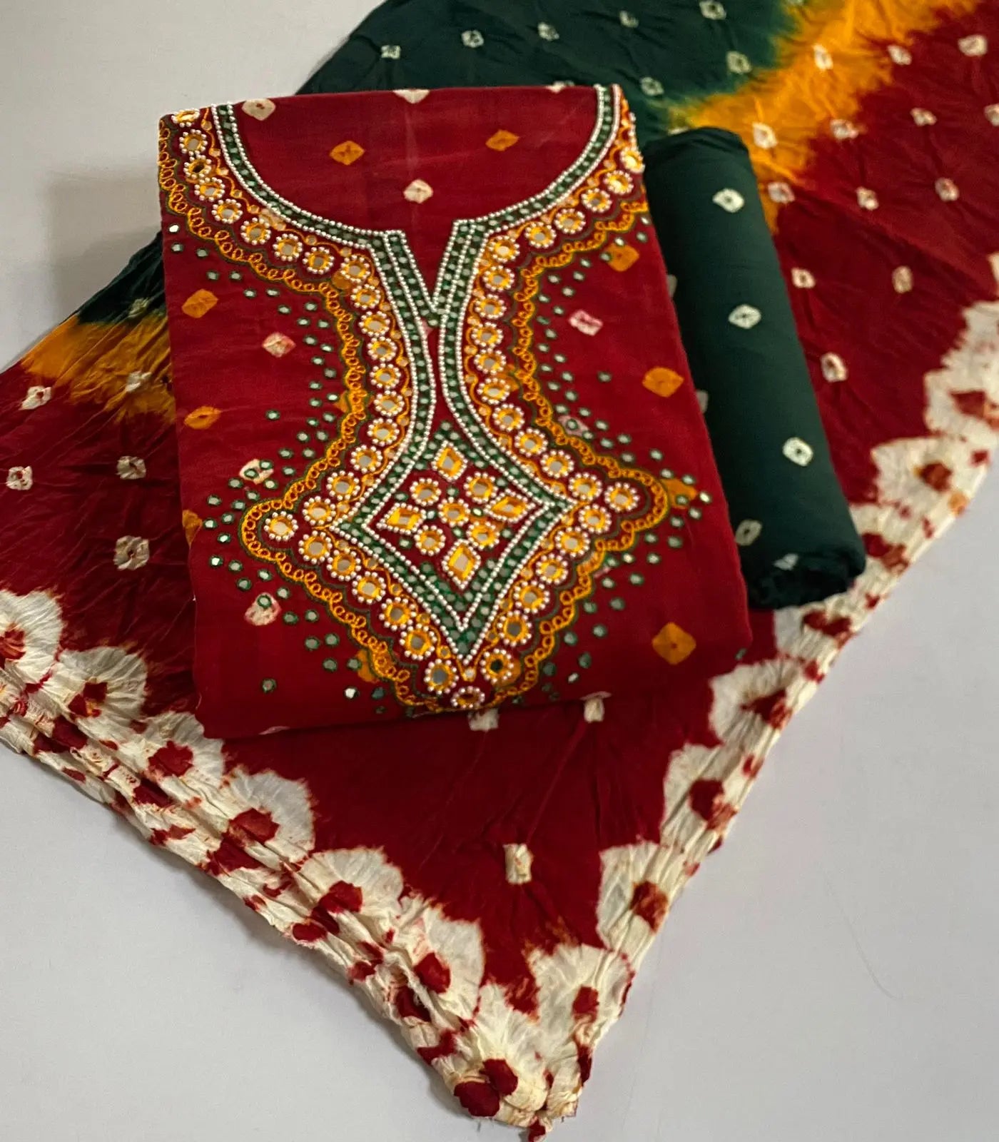 Cotton Real Mirror Resham Thread work Hand Crafted Bandhani Material (Unstitched) - Premium  from Ethenika.com - Just INR 1990! Shop now at Ethenika.com