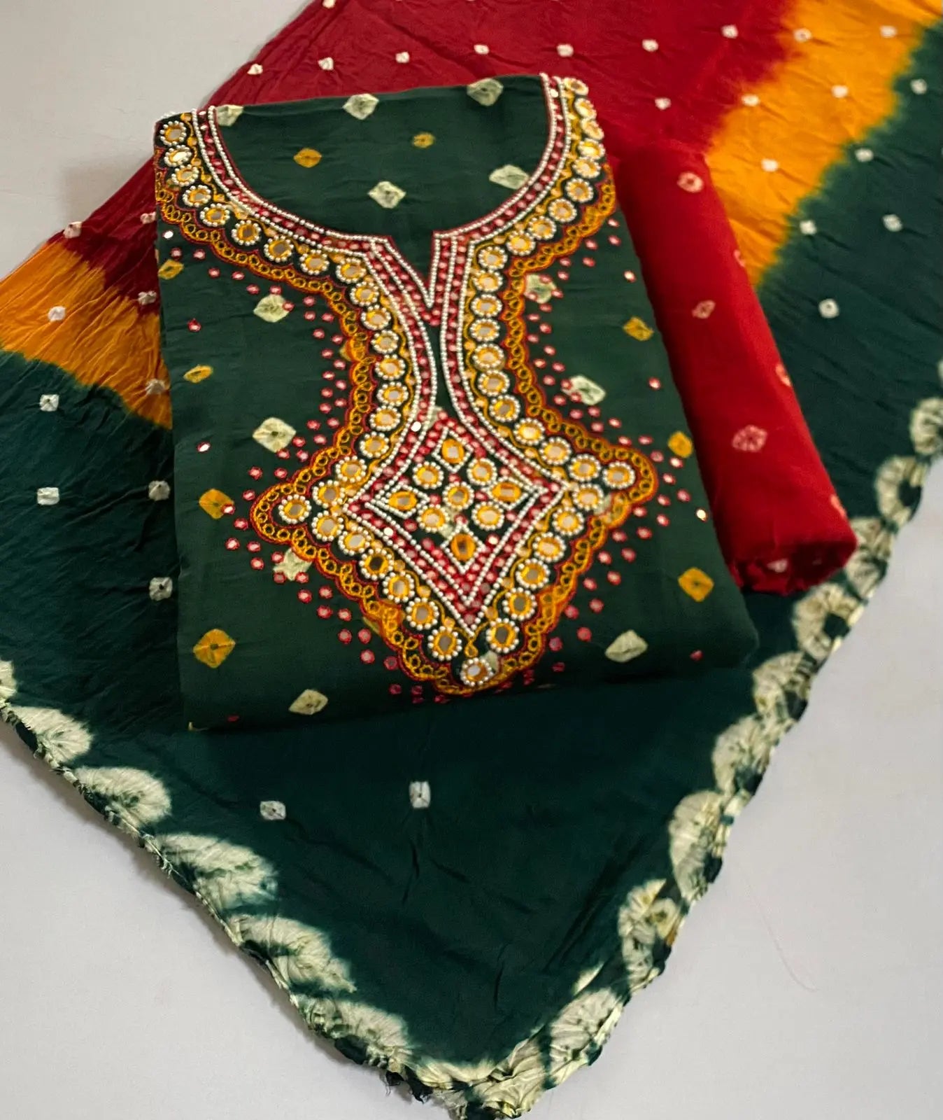 Cotton Real Mirror Resham Thread work Hand Crafted Bandhani Material (Unstitched) - Premium from Ethenika.com - Just INR 1990! Shop now at Ethenika.com