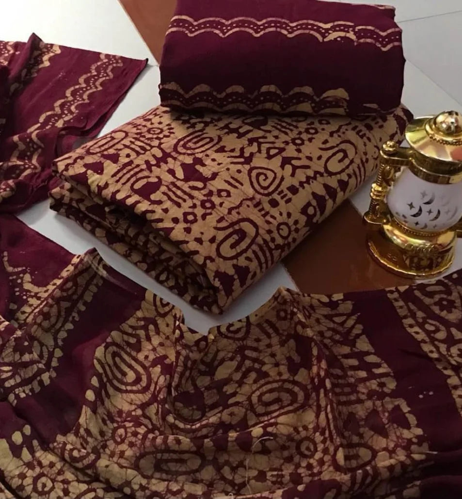 Cotton Satin Hand Blocked wax Batik Salwar Material (Unstitched) Ethenika.com