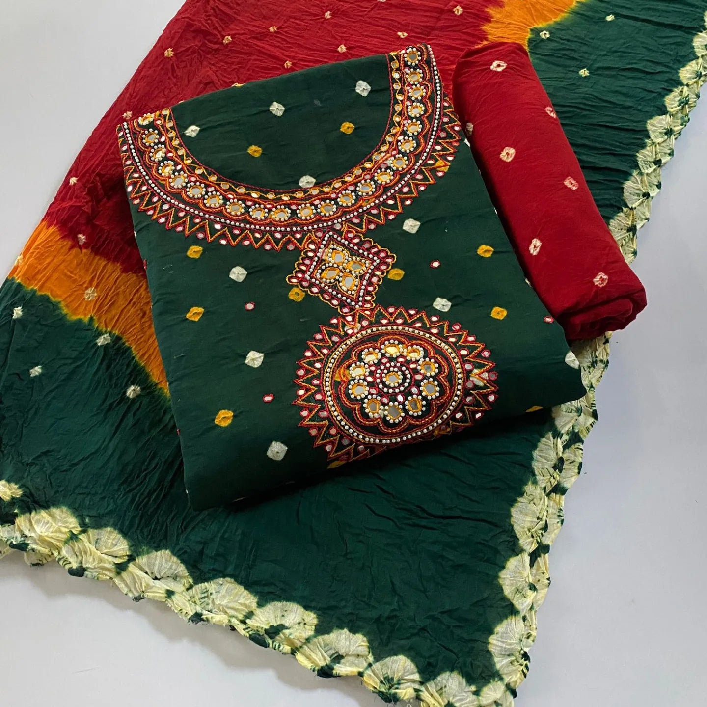 Kutchi Hand Thread with Mirror Work Bandhani Material (Unstitched) - Premium  from Ethenika - Just INR 2199! Shop now at Ethenika.com