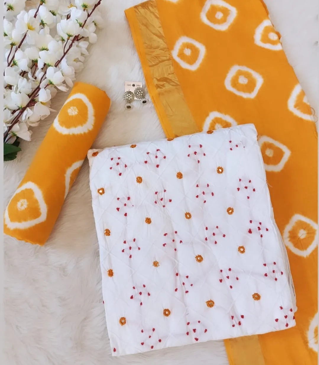 Cotton Mirror Thread work Bandhani Material (Unstitched) Ethenika.com