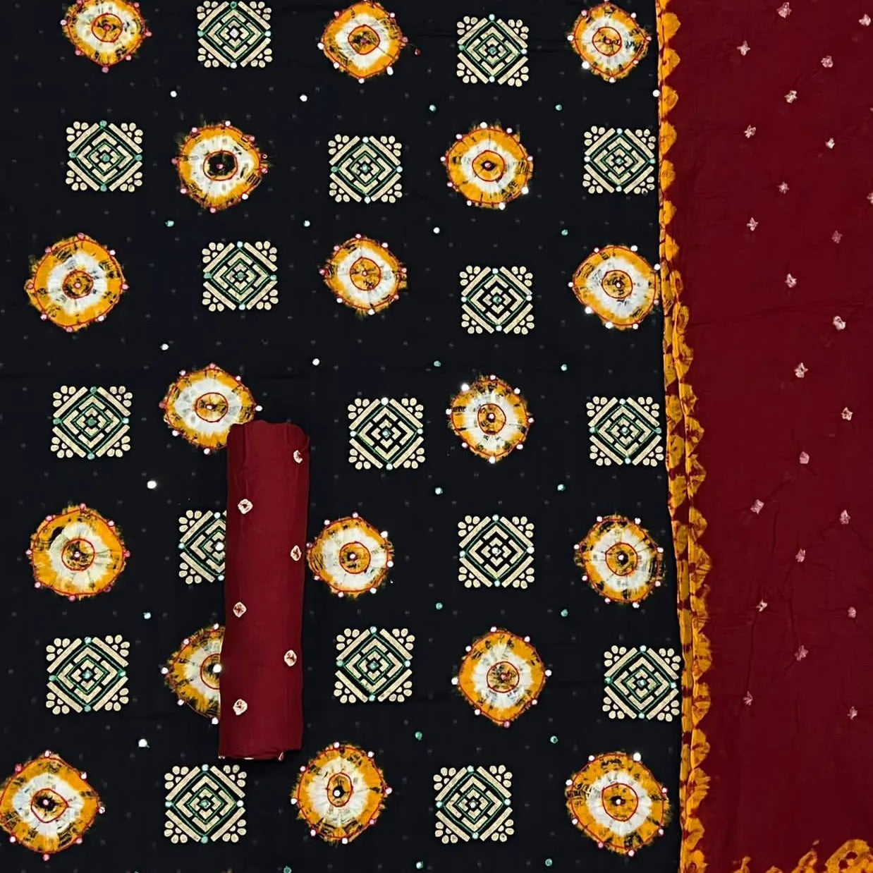 Cotton Kutchi Thread mirror with Block work Bandhani Material (Unstitched) Ethenika.com