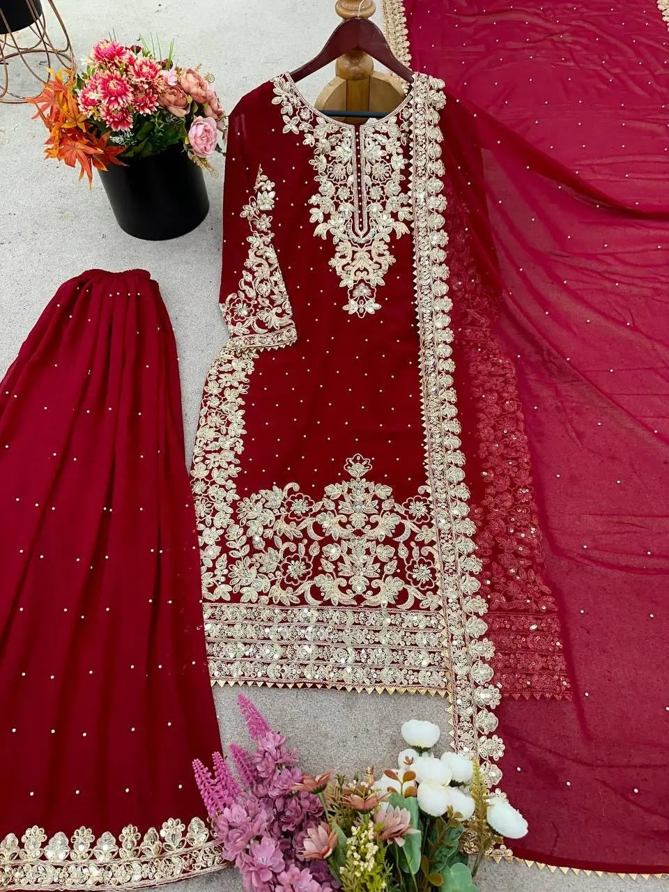 Karwa Chauth Special Designer Moti with Embroidery Work Kurti Sharara Dupatta Set (Ready to Wear) Ethenika.com