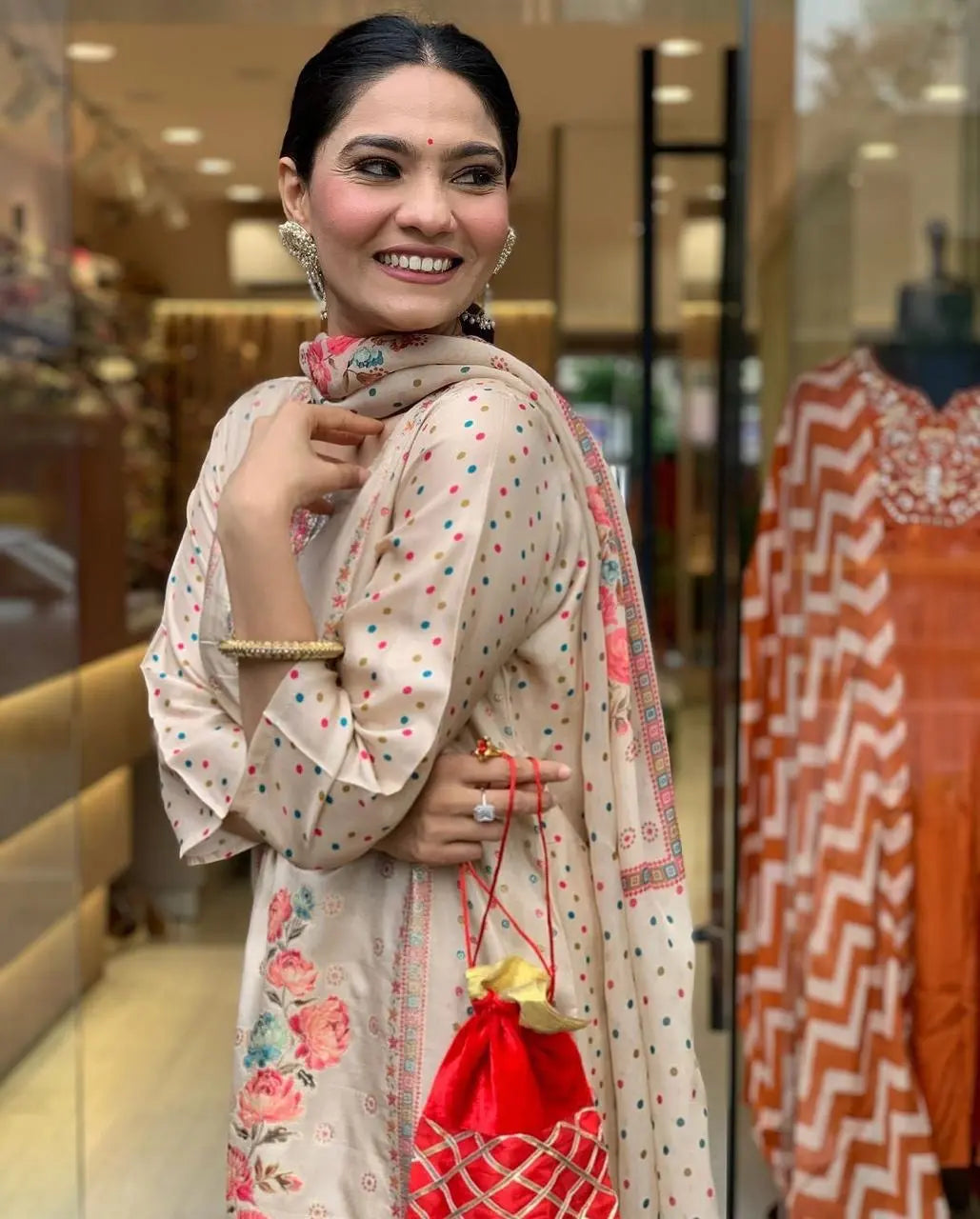 Multicolor Polkadot with Digital Print work Ready to Wear 3 Pc Kurti Pant Dupatta Set (Stitched) Ethenika.com