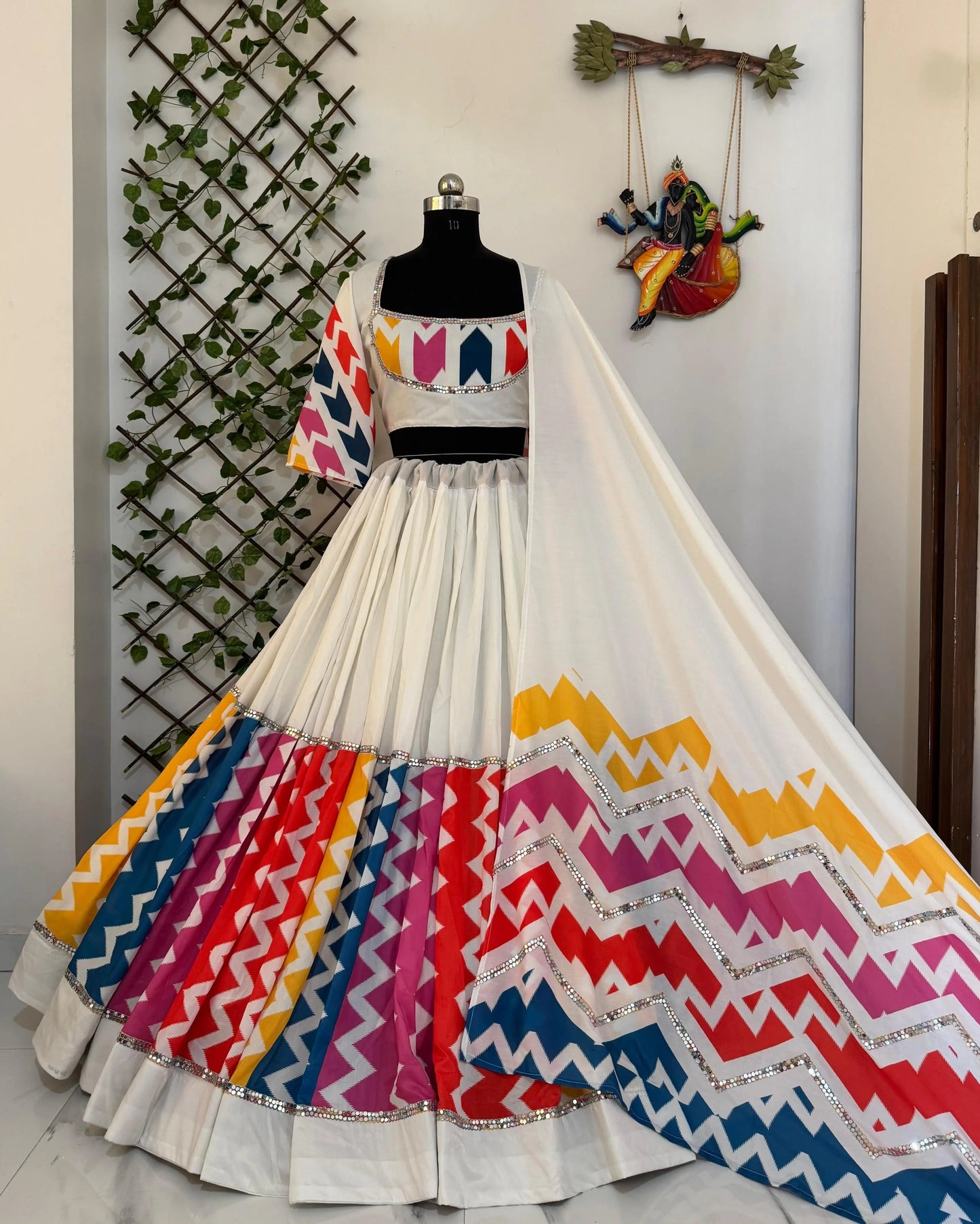 Muslin Cotton Mirror Work White Concept Multicolor Navratri Special Chaniya Choli Ethenika.com