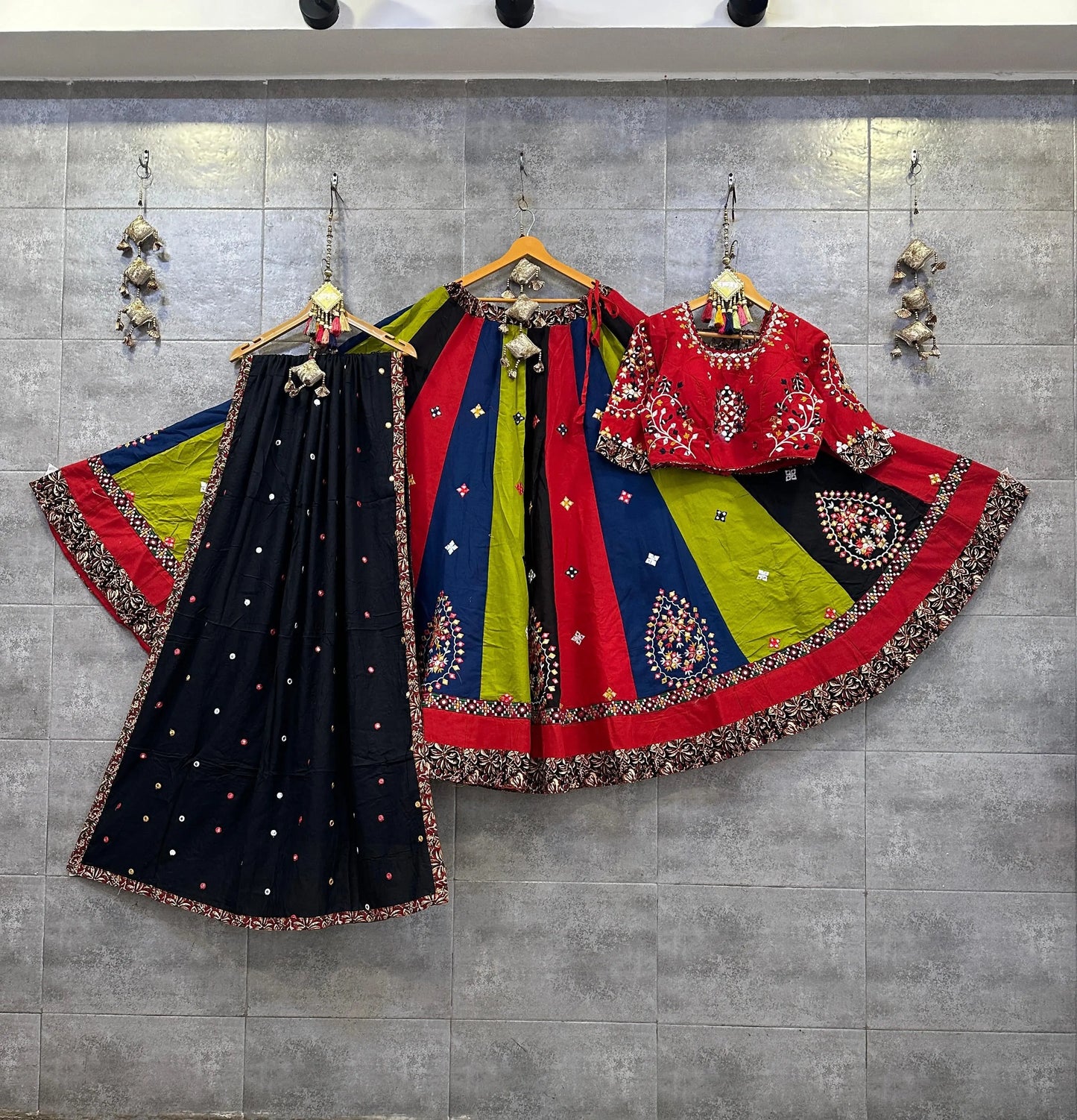 Pure Jaam Cotton Real Mirror Work Navratri Special 8M Flair Designer Chaniya Choli (Ready To Wear) Ethenika.com