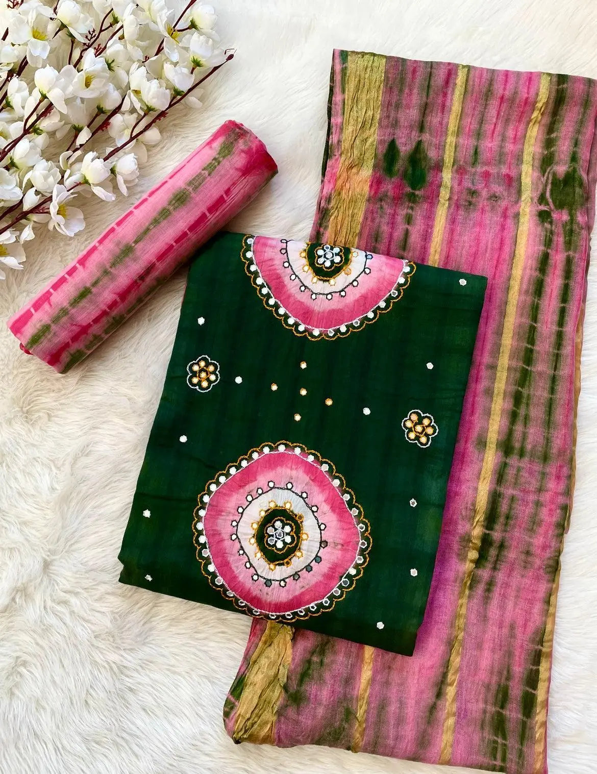 Resham Thread mirror work Smoke Dyeing Bandhani (Unstitched) Ethenika.com