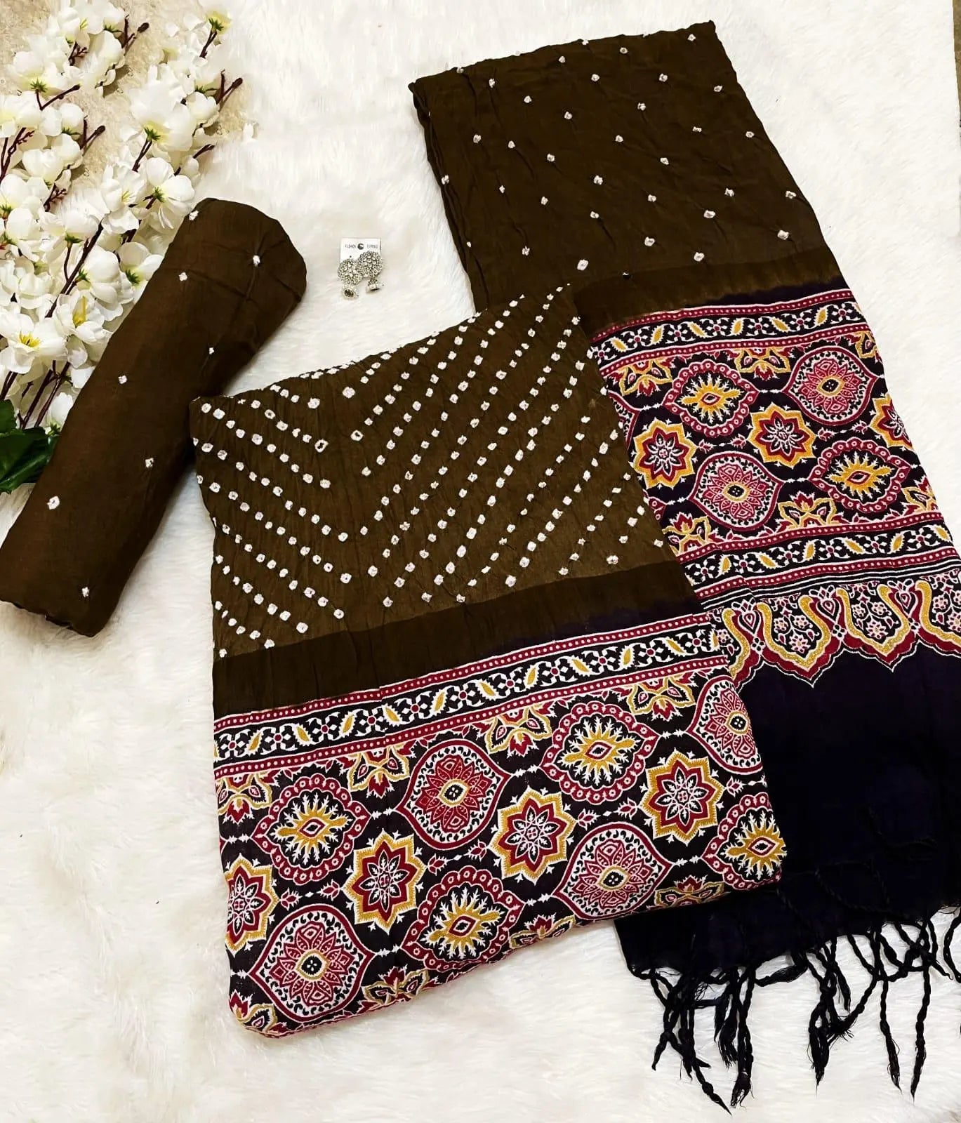 Reyon Ajrakh Print Bandhani Material (Unstitched) Ethenika.com