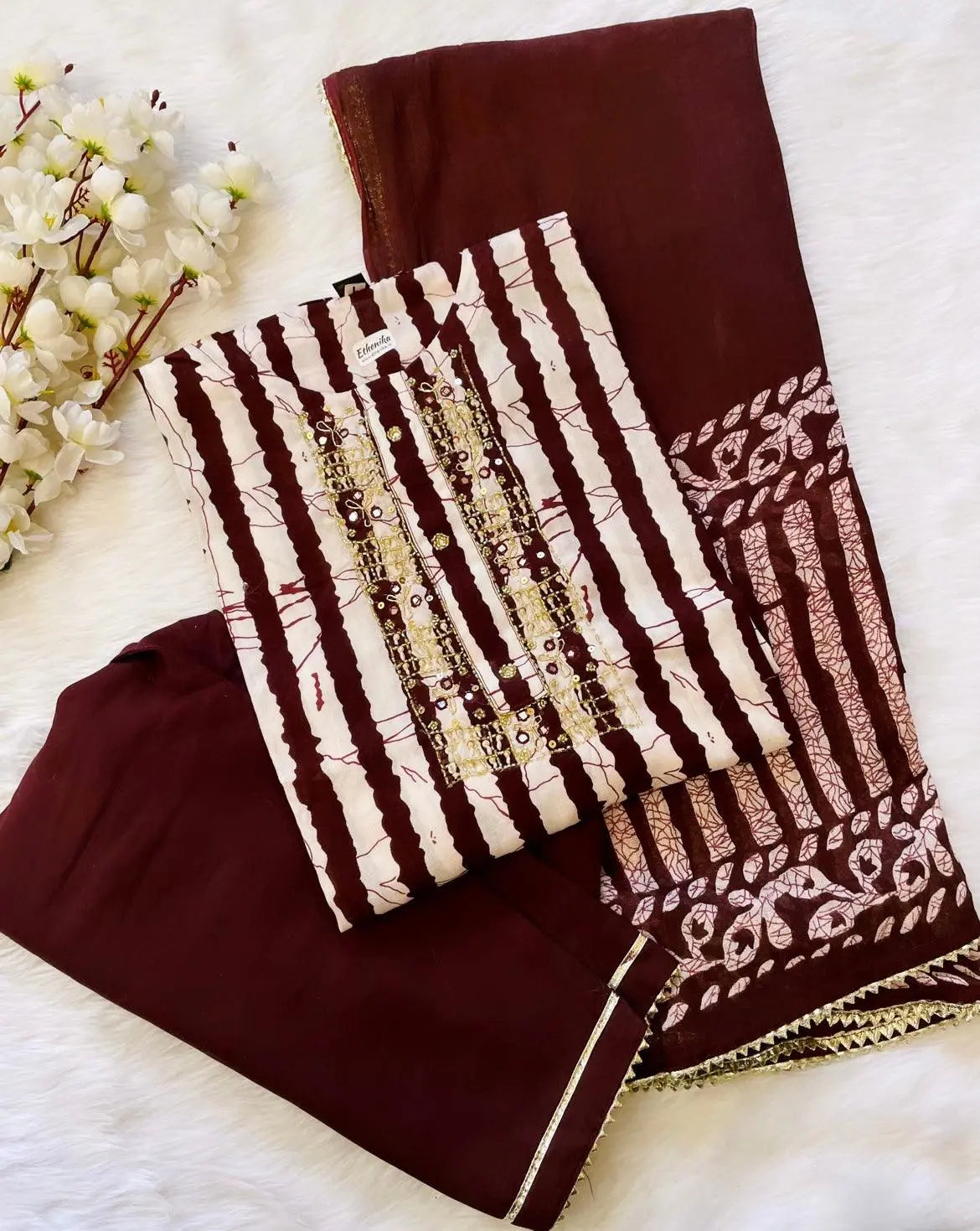 Soft Cotton Batik Neckline work Kurti Pant Dupatta Set (Stitched) Ethenika.com