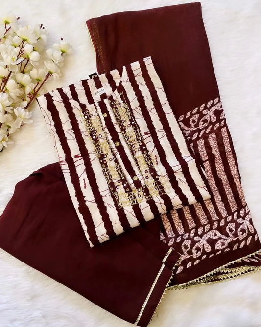 Soft Cotton Batik Neckline work Kurti Pant Dupatta Set (Stitched) Ethenika.com