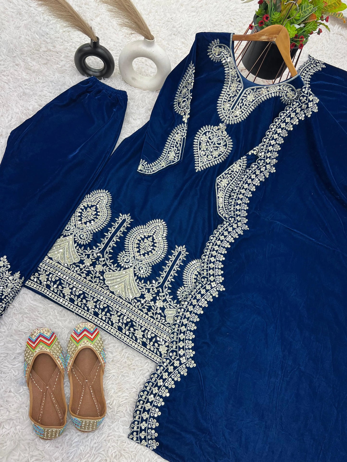 Viscos Seuqence Embroidery Work Designer Velvet Kurti Pant Dupatta Set (Ready to Wear) Ethenika.com