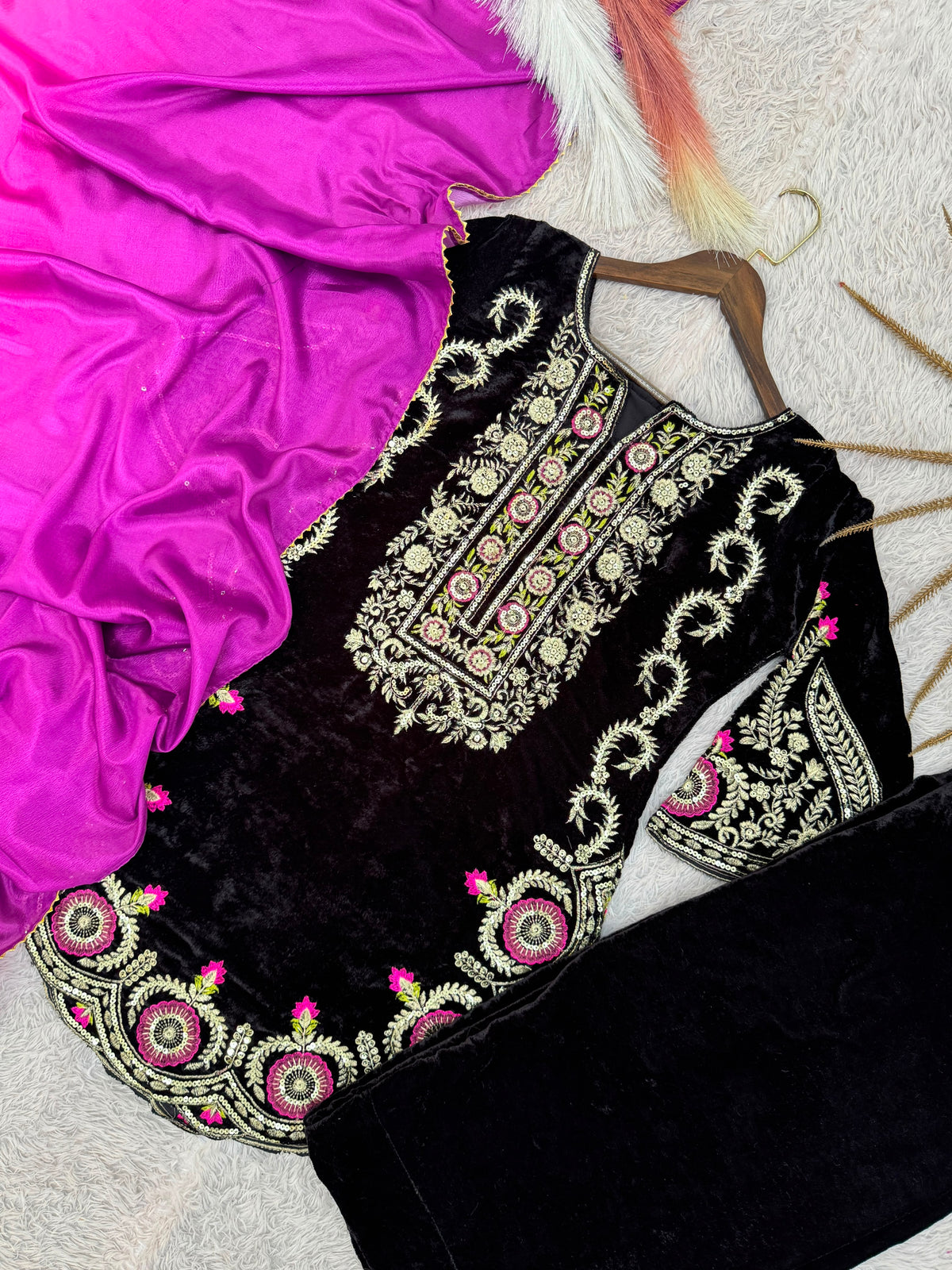 Black Pure Viscose Velvet Kurti Pant Dupatta Set by Ethenika - view 3