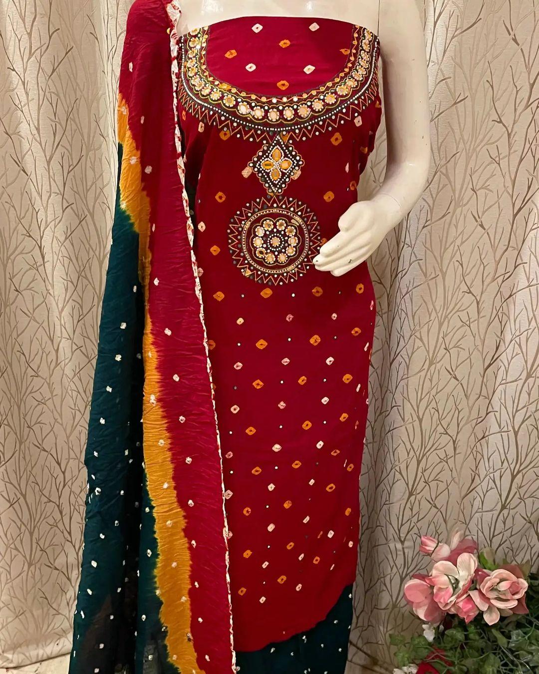Kutchi Hand Thread with Mirror Work Bandhani Material (Unstitched) - Premium  from Ethenika - Just INR 2199! Shop now at Ethenika.com
