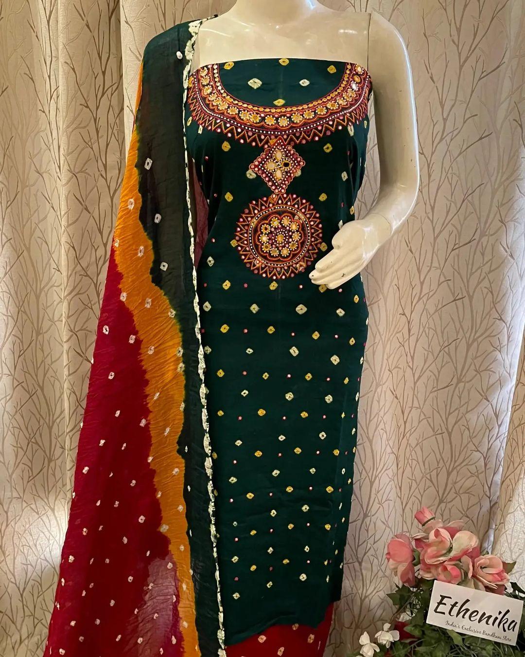 Kutchi Hand Thread with Mirror Work Bandhani Material (Unstitched) - Premium  from Ethenika - Just INR 2199! Shop now at Ethenika.com