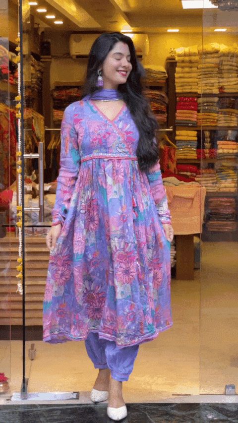 Muslin Alia Cut Zari Embroidery Digital Print work Kurti Pant Set (Stitched) - Premium from Ethenika.com - Just INR 1990! Shop now at Ethenika.com
