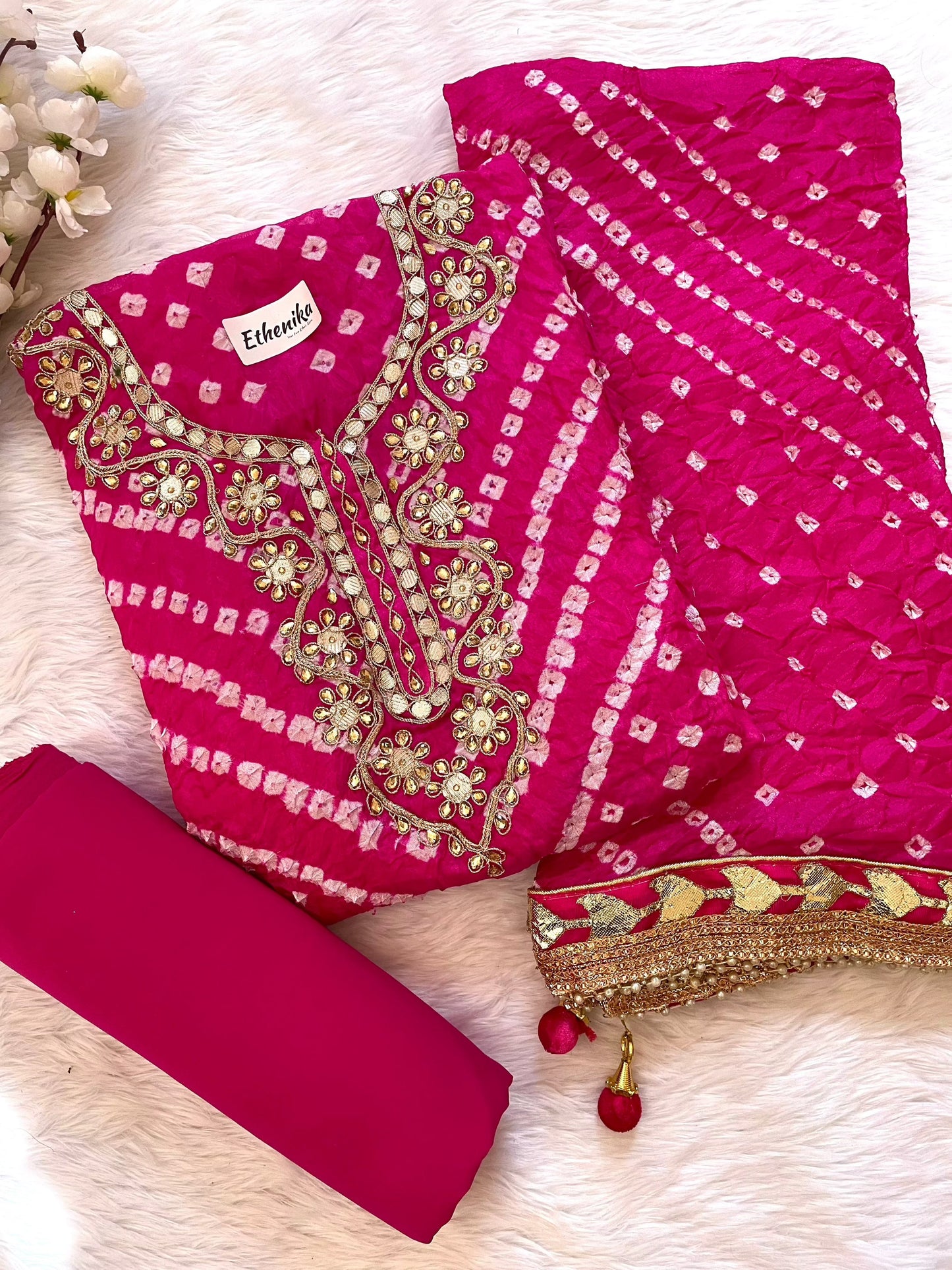Silk Fabric Neck work with Fumka Work Dupatta Bandhani Dress Material ( Unstitched) - Premium from Ethenika.com - Just INR 2190! Shop now at Ethenika.com