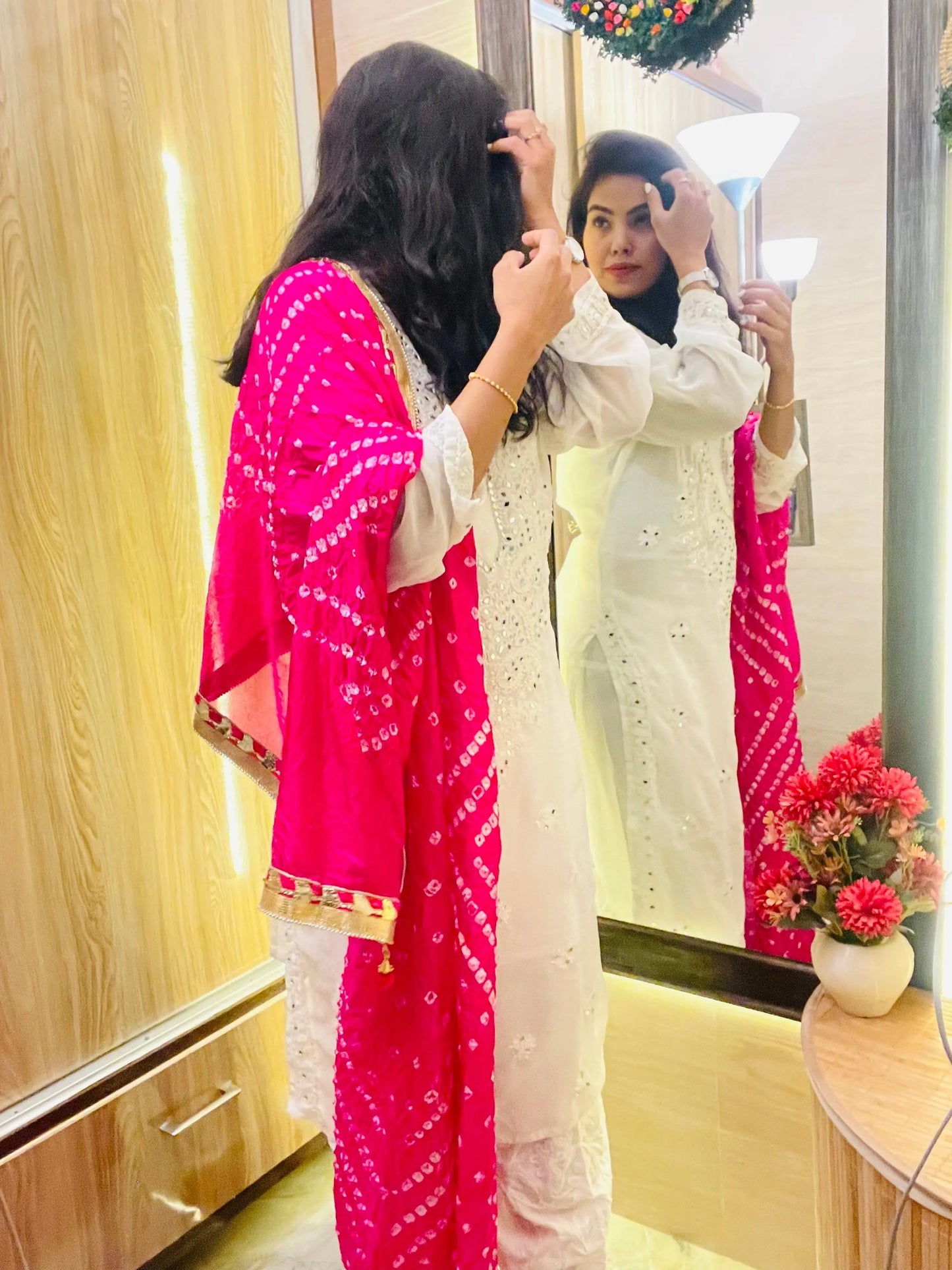 Mirror work Chikankari Kurti with Bandhani Dupatta Pant Set - Premium from Ethenika.com - Just INR 2490! Shop now at Ethenika.com