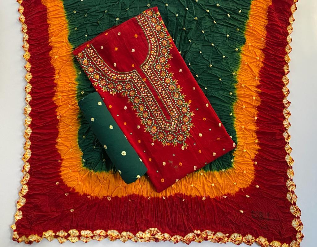 Cotton Satin Neckline Mirror Thread work Bandhani Dress Material (Unstitched) Ethenika.com