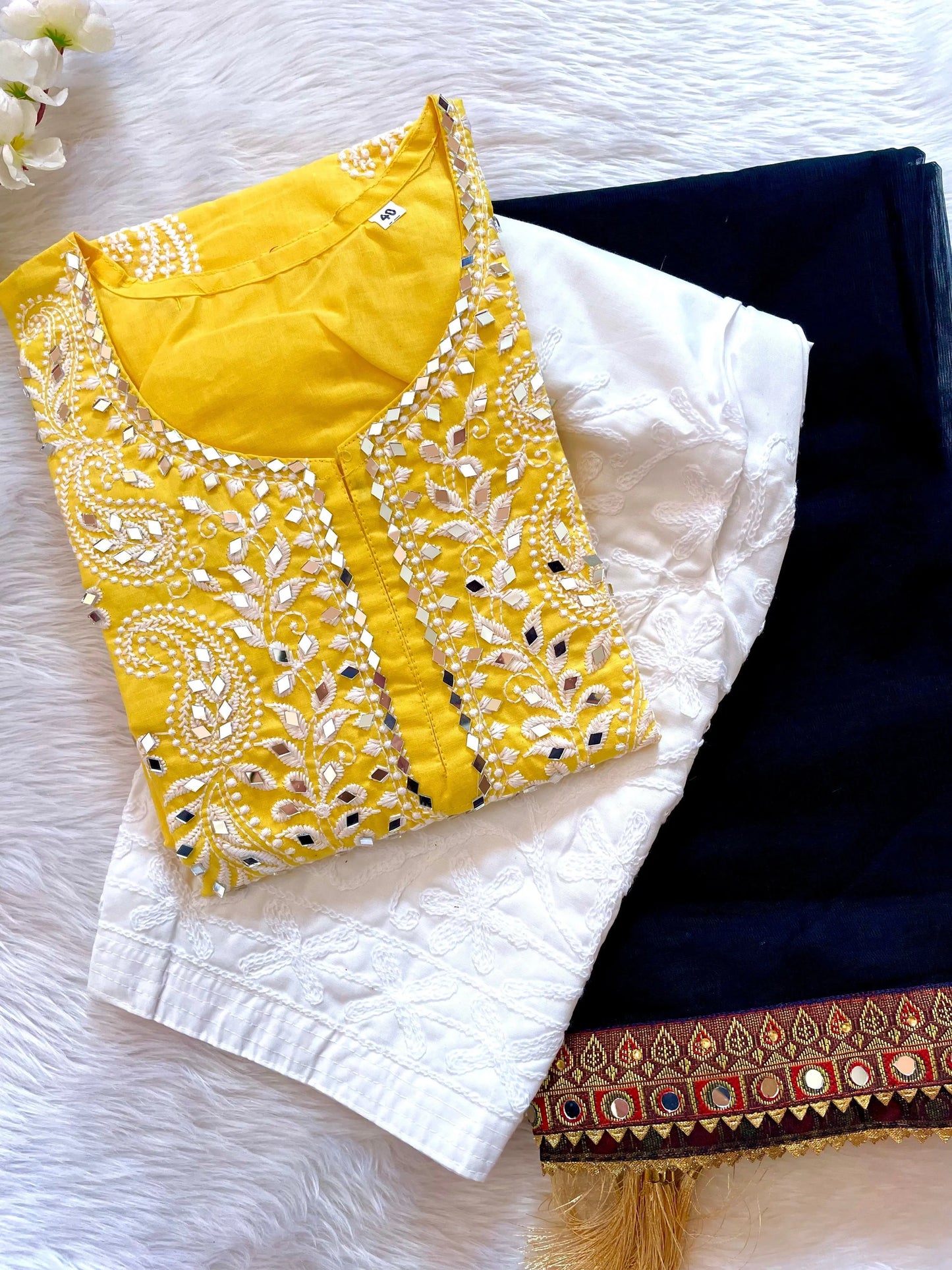 Mirror &Thread embroidery work kurti with Chikankari pant and Mirror work dupatta set (Stitched) - Premium from Ethenika.com - Just INR 1890! Shop now at Ethenika.com