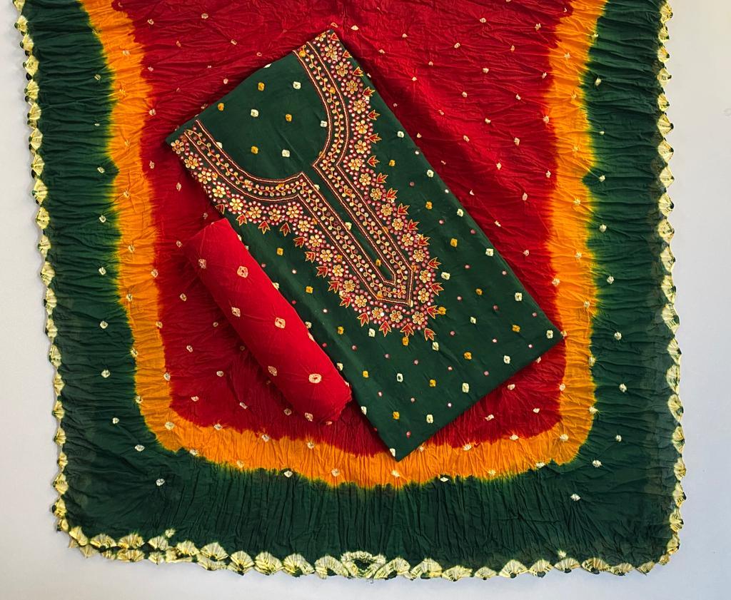 Cotton Satin Neckline Mirror Thread work Bandhani Dress Material (Unstitched) Ethenika.com