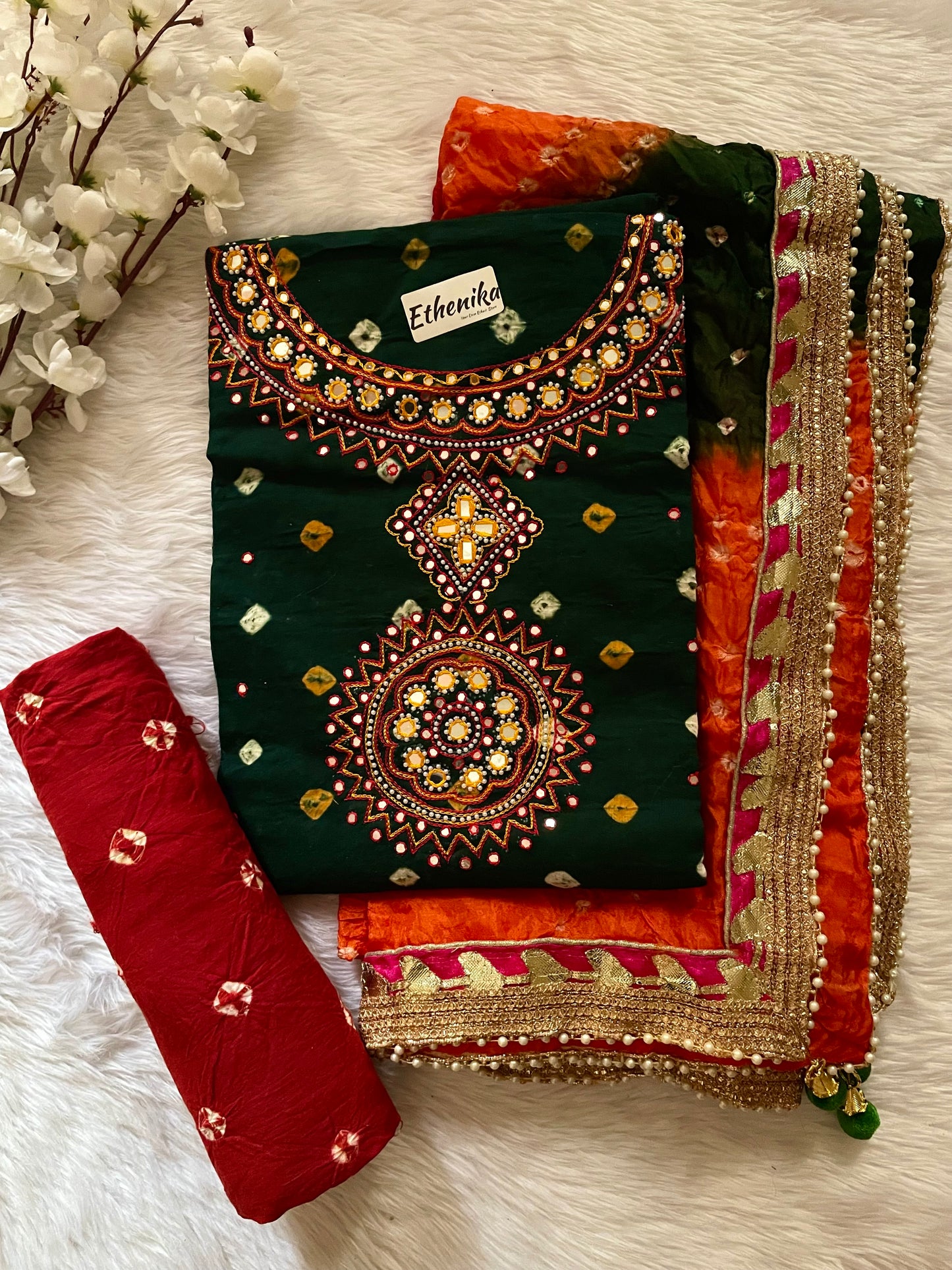 Cotton Thread Mirror work Jaipuri Dupatta Bandhani Material - Premium from Ethenika.com - Just INR 2190! Shop now at Ethenika.com