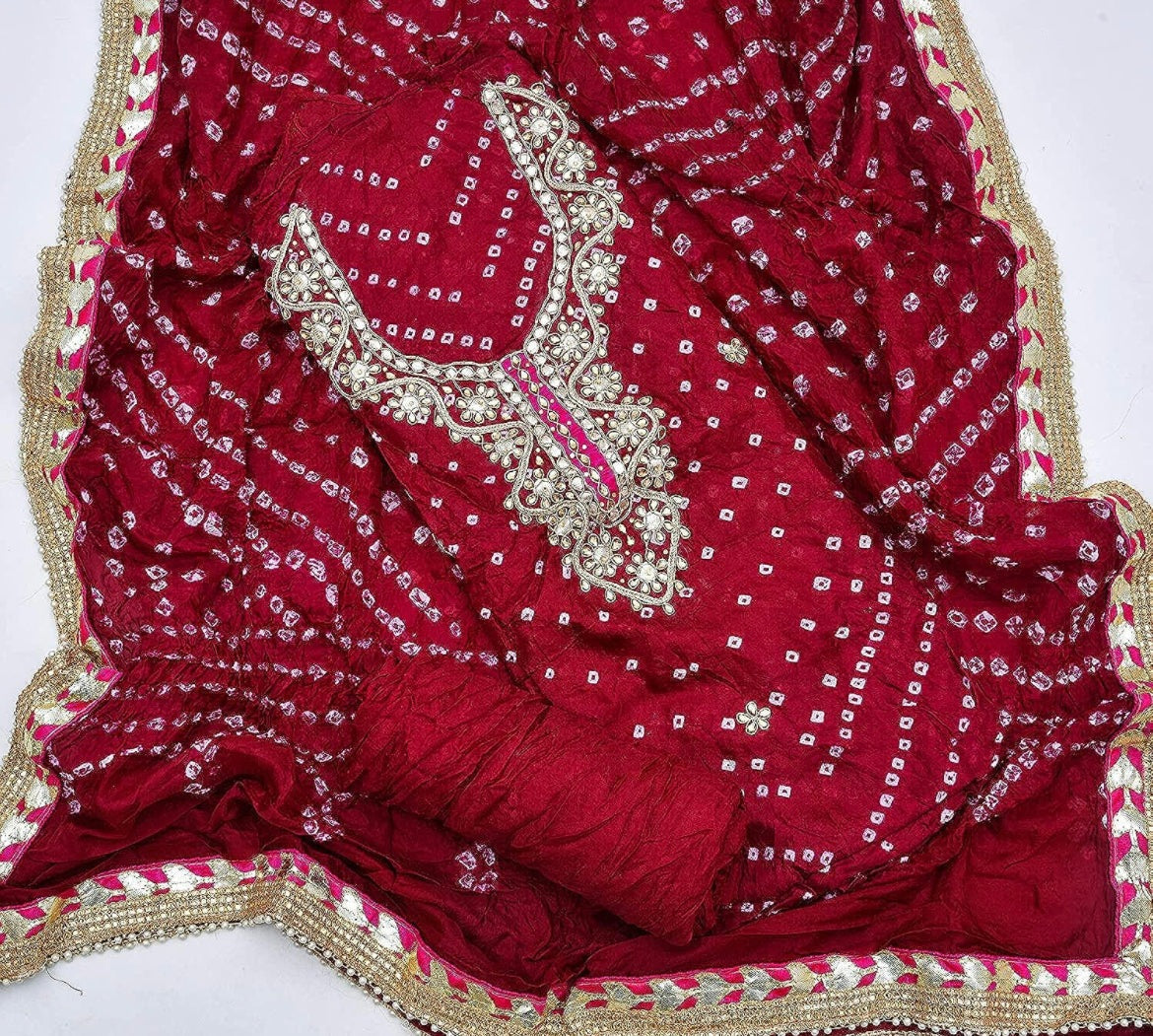 Ethenika Neck work Gota Patti Jaipuri Bandhani Material (Unstitched) - Premium  from Ethenika.com - Just INR 1990! Shop now at Ethenika.com