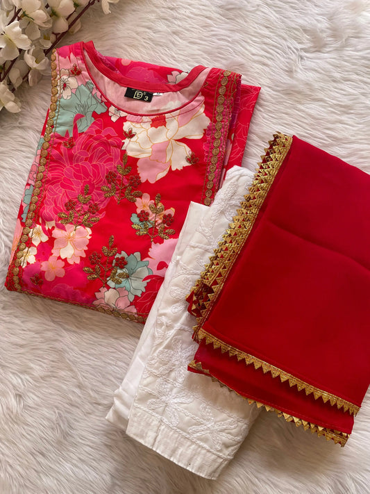 Muslin Digital Print with neck work Chiffone dupatta Chikankari Pant Set (Stitched) - Premium  from Ethenika.com - Just INR 1790! Shop now at Ethenika.com
