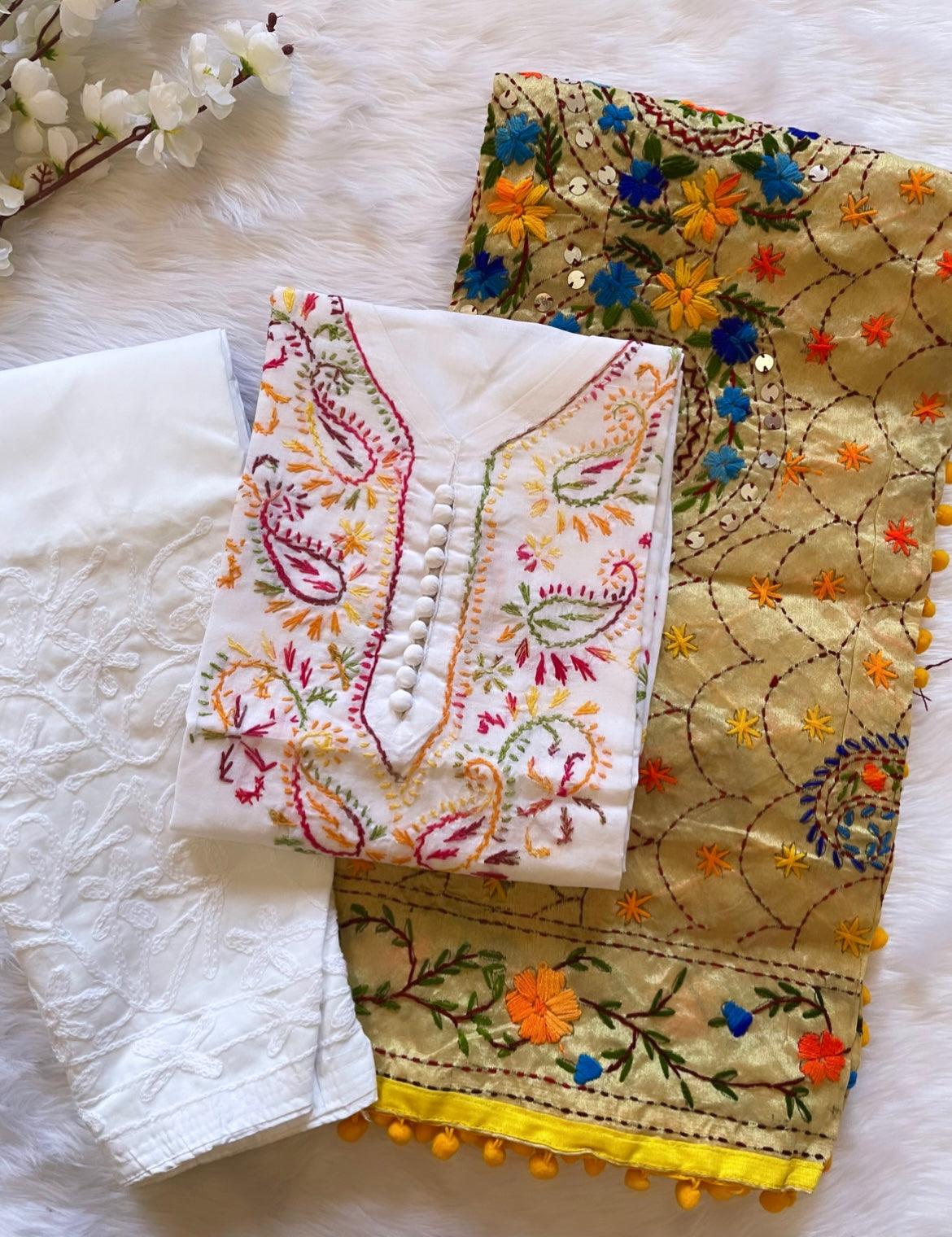 Soft Cotton Kadhai work Kurta with Phulkari Dupatta & Chikankari Palazo Set Ethenika.com
